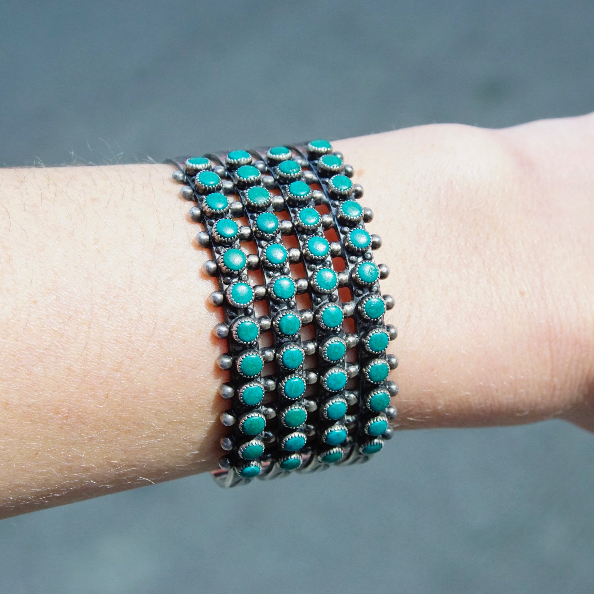 Vintage Zuni Snake Eye Turquoise Cuff Bracelet, Hammered Silver Cutout Cuff With 48 Turquoise Stones, Native American Cuff, Old Pawn Jewelry