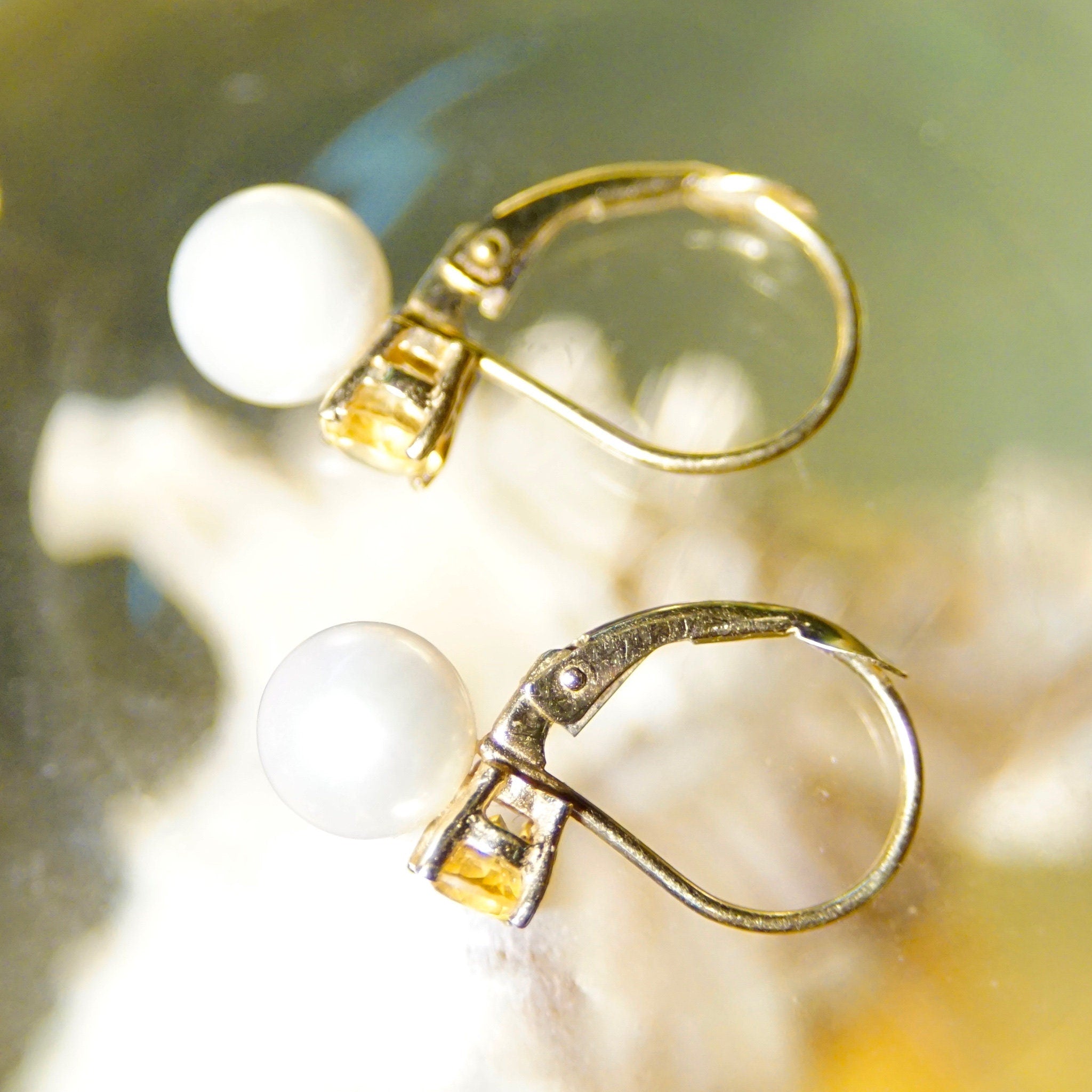 Vintage B.A.B 14K Gold Pearl Citrine Accent Drop Earrings, Petite Gold Pearl Lever Back Earrings, Brilliant Cut Citrine Accent Stone, 3/4" L