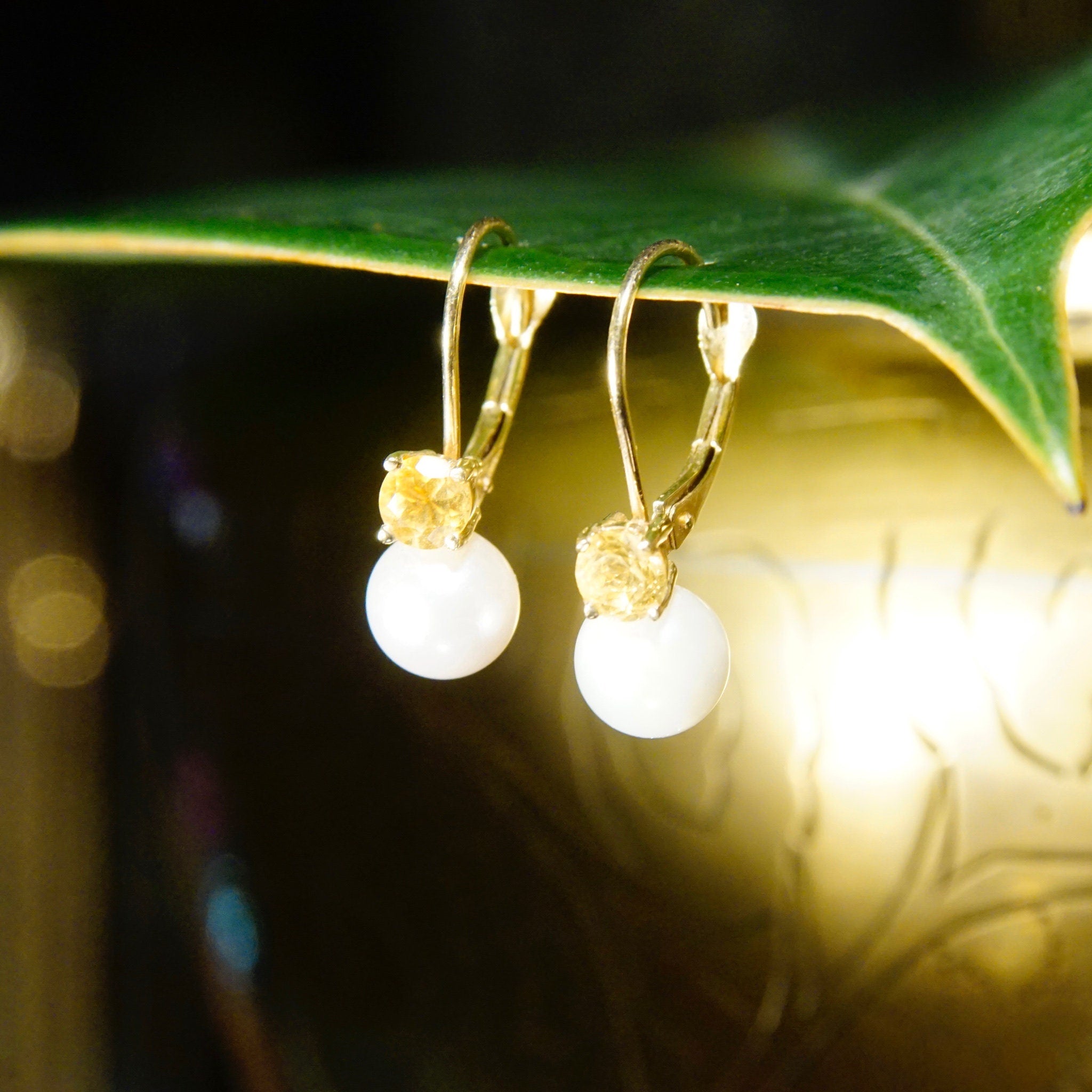 Vintage B.A.B 14K Gold Pearl Citrine Accent Drop Earrings, Petite Gold Pearl Lever Back Earrings, Brilliant Cut Citrine Accent Stone, 3/4" L