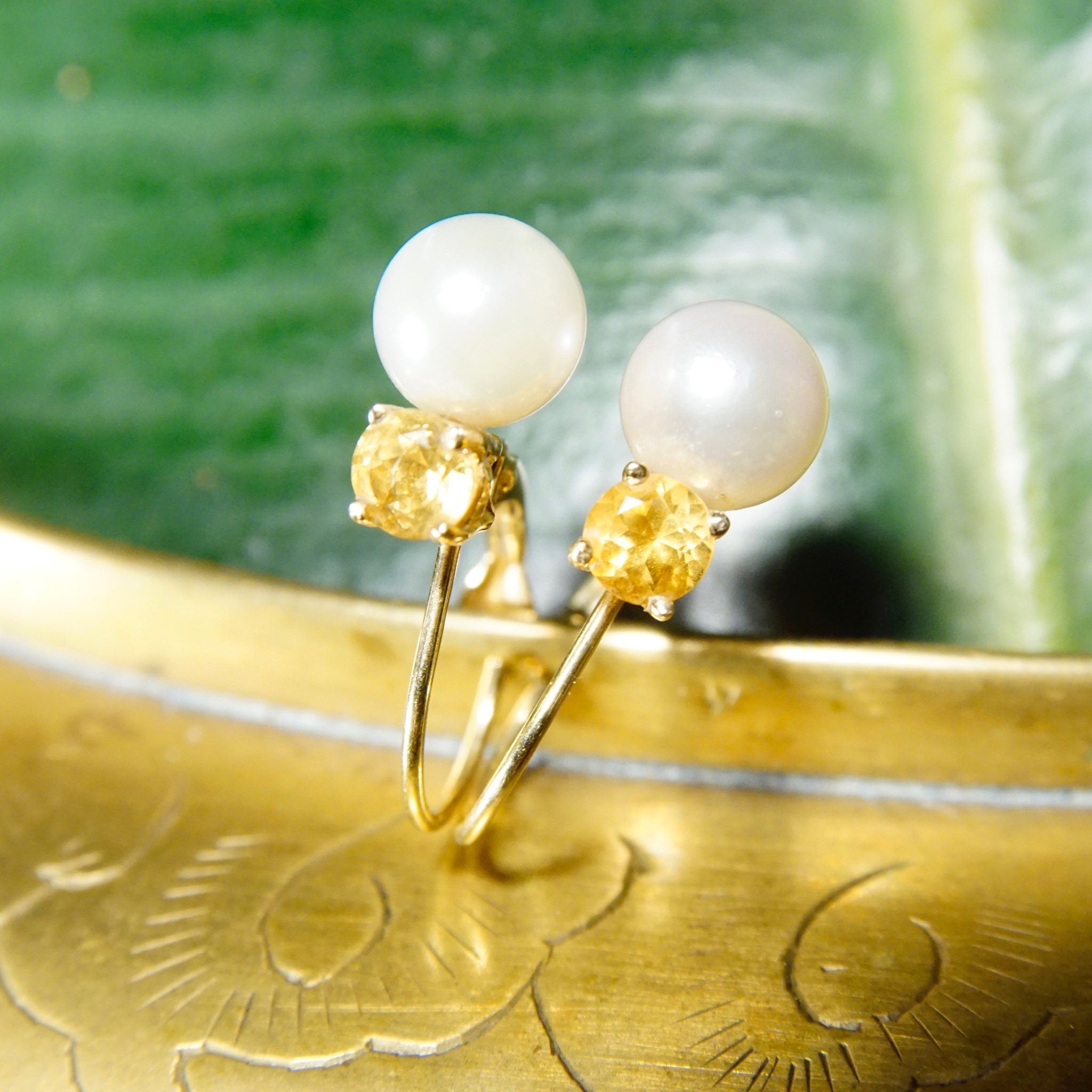 Vintage B.A.B 14K Gold Pearl Citrine Accent Drop Earrings, Petite Gold Pearl Lever Back Earrings, Brilliant Cut Citrine Accent Stone, 3/4" L