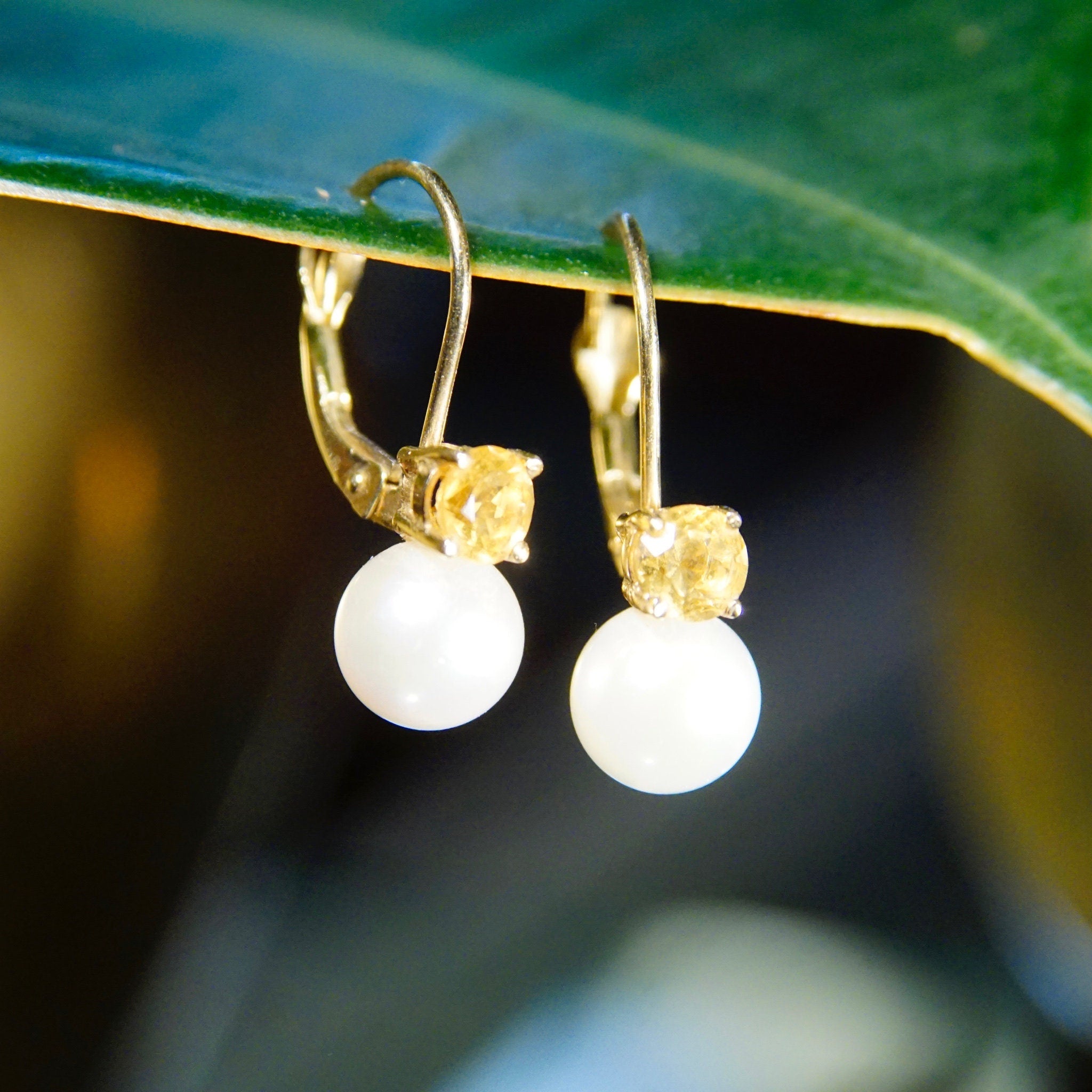 Vintage B.A.B 14K Gold Pearl Citrine Accent Drop Earrings, Petite Gold Pearl Lever Back Earrings, Brilliant Cut Citrine Accent Stone, 3/4" L