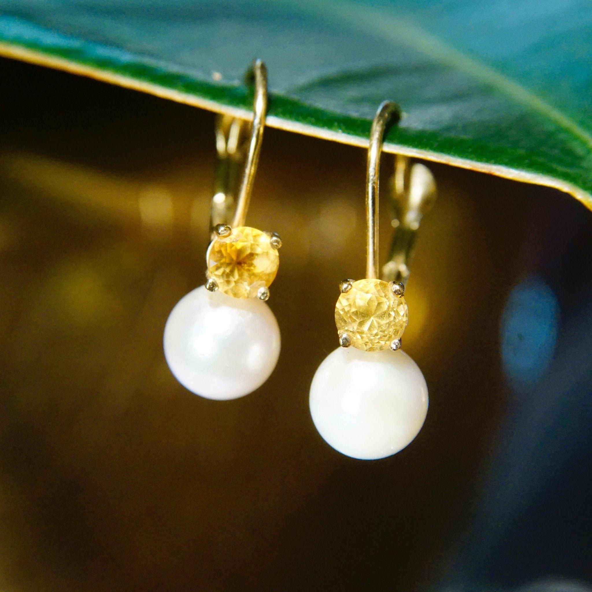 Vintage B.A.B 14K Gold Pearl Citrine Accent Drop Earrings, Petite Gold Pearl Lever Back Earrings, Brilliant Cut Citrine Accent Stone, 3/4" L