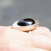 Vintage Sterling Silver & Onyx Ring, Modernist Oval Ring With Black Center Stone, Silver Onyx Eye Ring, 925 Jewelry, Size 7 3/4 US