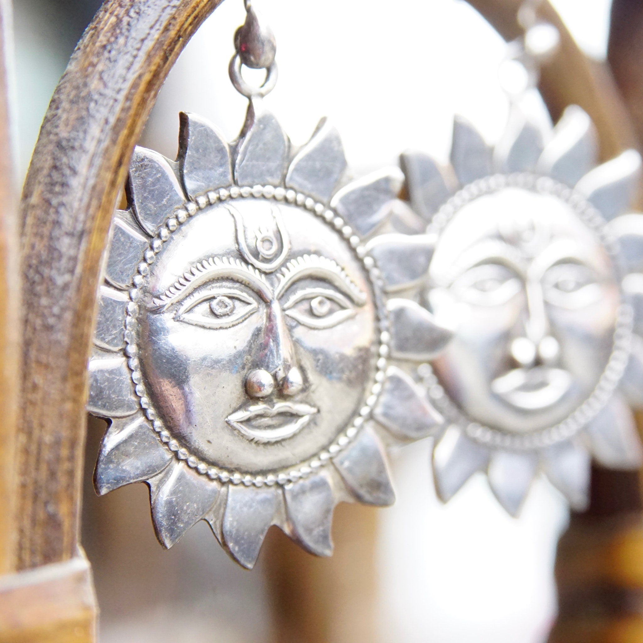 Vintage Sterling Silver Sun Face Dangle Earrings, Embossed Silver Sun Earrings, Celestial Silver Fish Hook Earrings, Sun God Drop Earrings