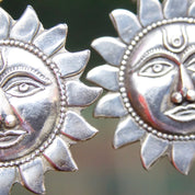 Vintage Sterling Silver Sun Face Dangle Earrings, Embossed Silver Sun Earrings, Celestial Silver Fish Hook Earrings, Sun God Drop Earrings