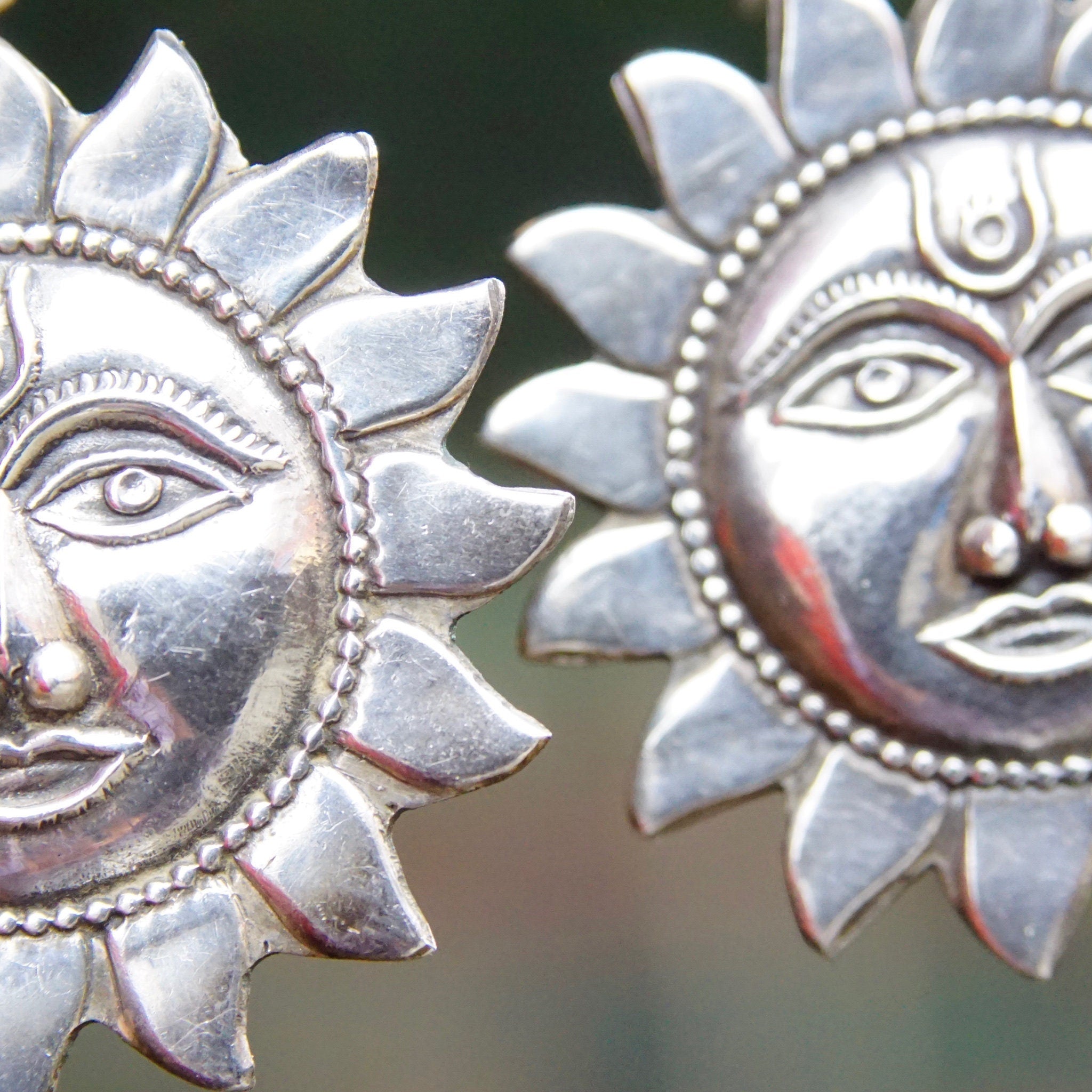 Vintage Sterling Silver Sun Face Dangle Earrings, Embossed Silver Sun Earrings, Celestial Silver Fish Hook Earrings, Sun God Drop Earrings