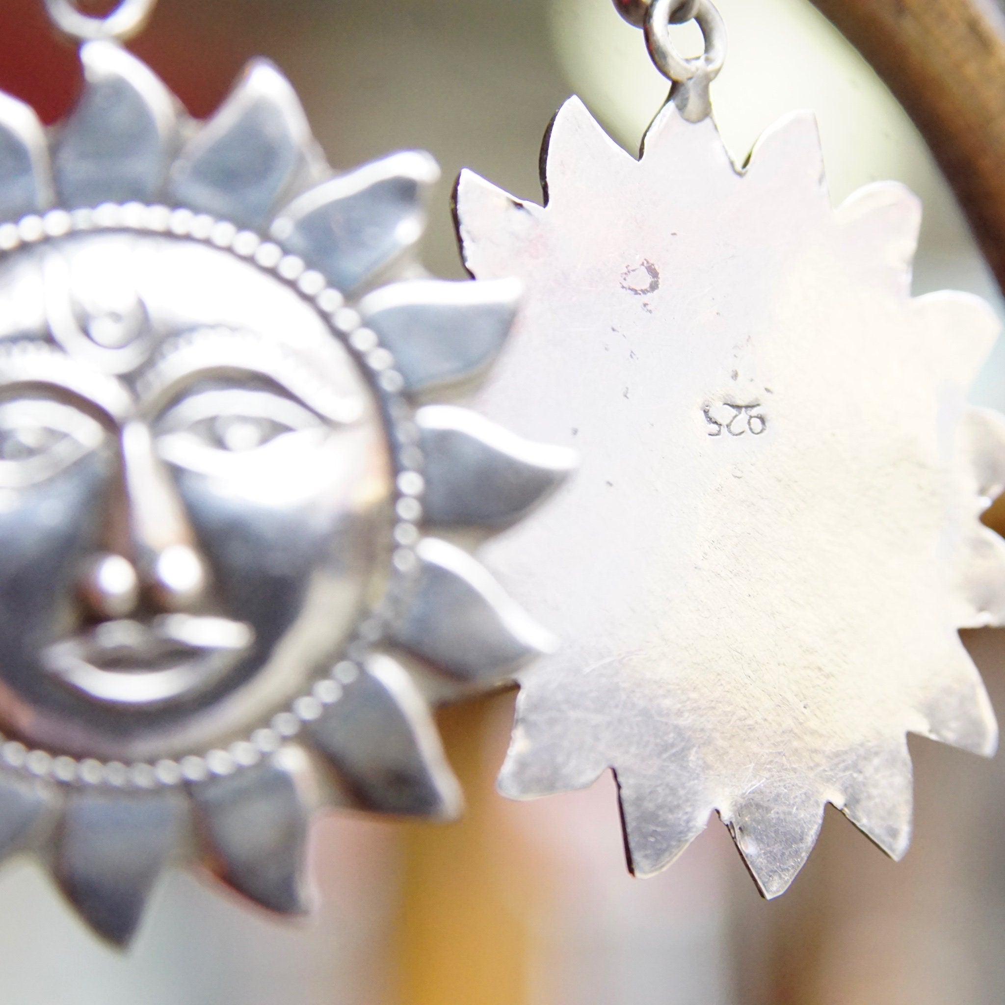 Vintage Sterling Silver Sun Face Dangle Earrings, Embossed Silver Sun Earrings, Celestial Silver Fish Hook Earrings, Sun God Drop Earrings