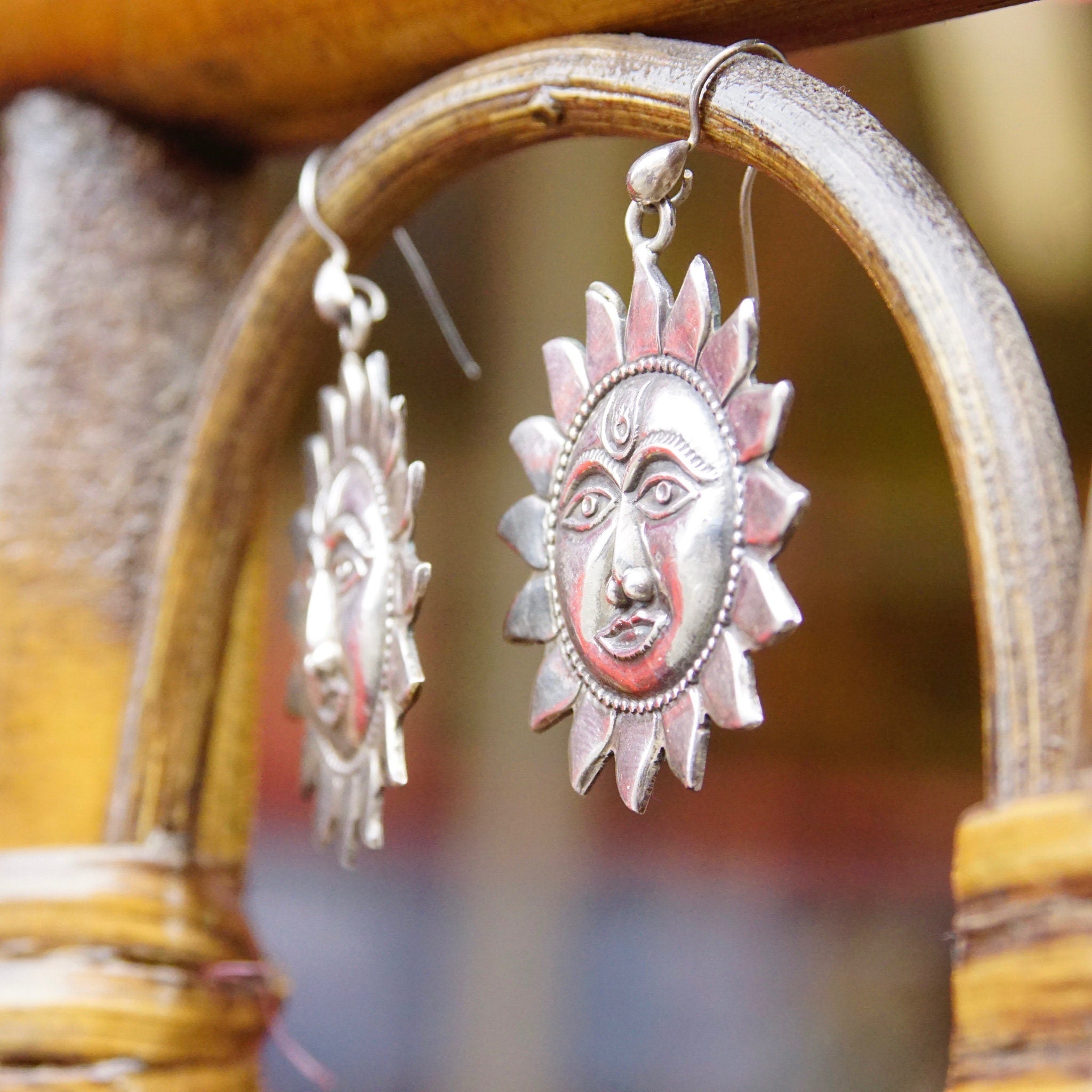 Vintage Sterling Silver Sun Face Dangle Earrings, Embossed Silver Sun Earrings, Celestial Silver Fish Hook Earrings, Sun God Drop Earrings