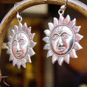 Vintage Sterling Silver Sun Face Dangle Earrings, Embossed Silver Sun Earrings, Celestial Silver Fish Hook Earrings, Sun God Drop Earrings