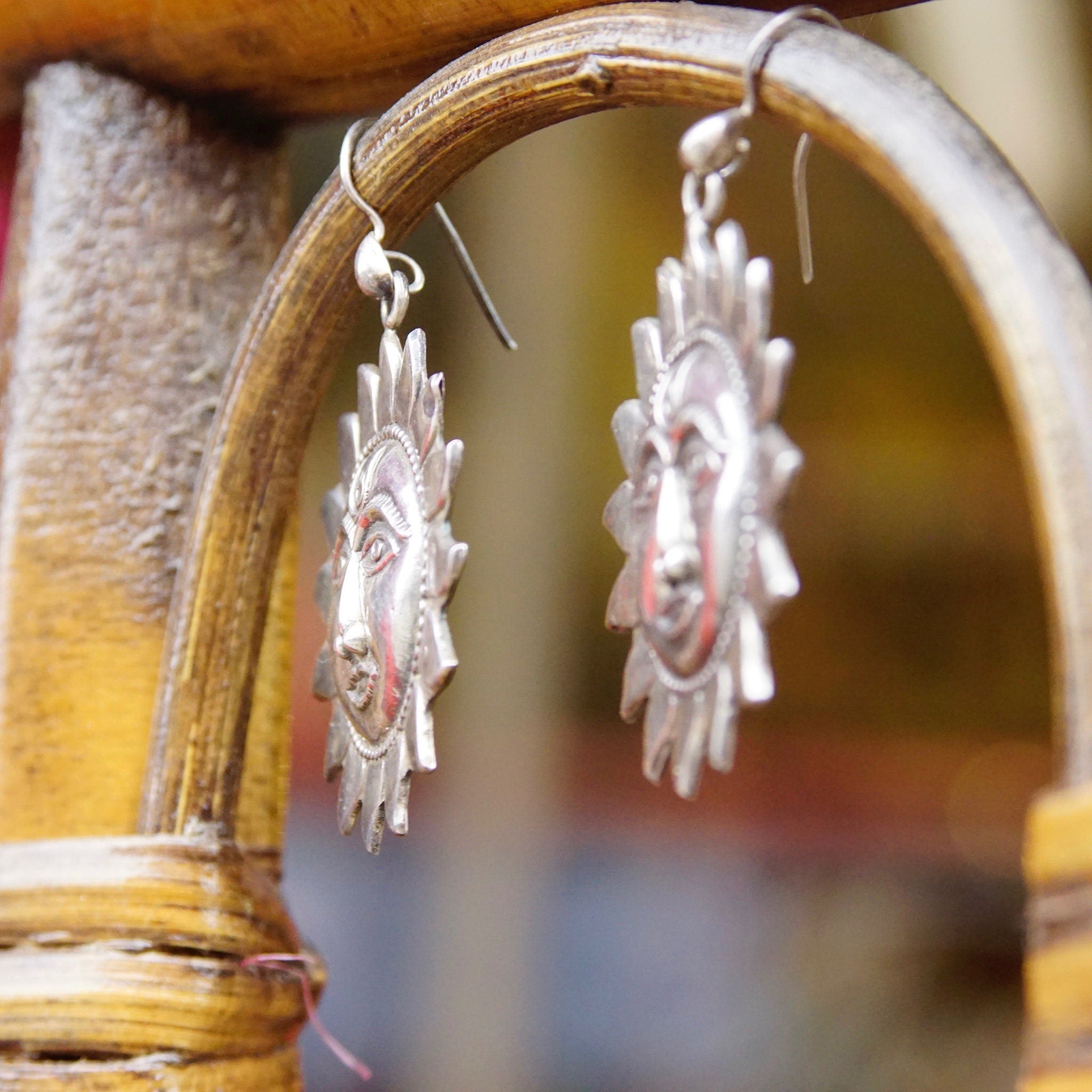 Vintage Sterling Silver Sun Face Dangle Earrings, Embossed Silver Sun Earrings, Celestial Silver Fish Hook Earrings, Sun God Drop Earrings