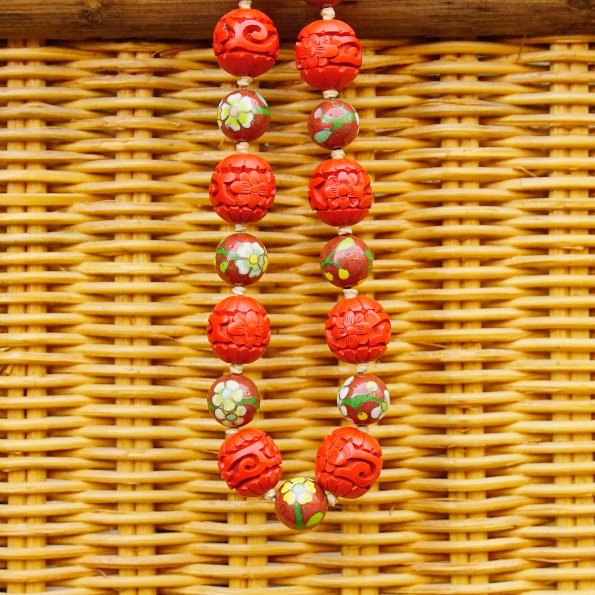 Vintage Chinese Carved Cinnabar & Cloisonne Bead Necklace, Floral Design, Red Enamel Cloisonne Beads, Silver Slide Clasp, 31" Long