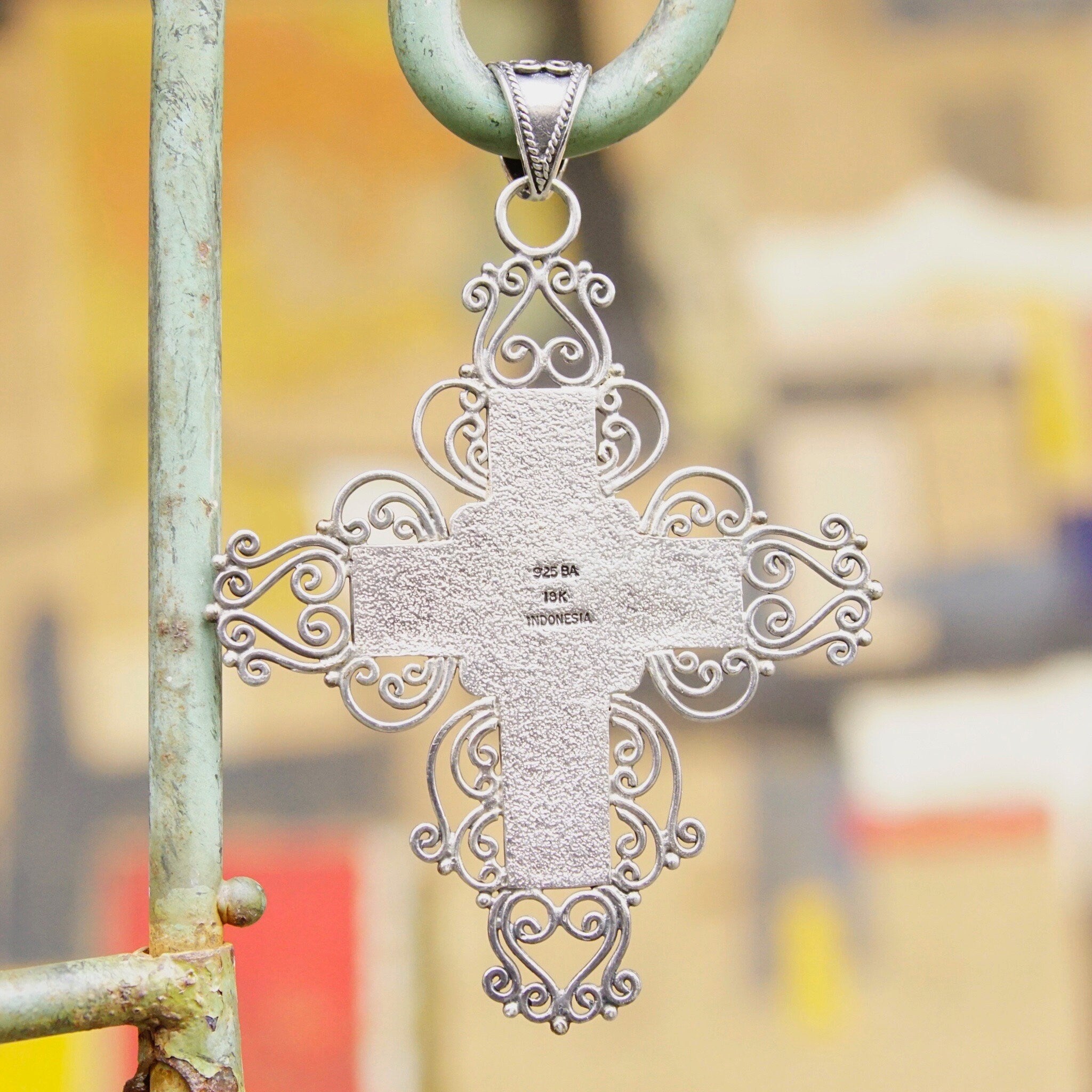 Vintage 18K Gold & Sterling Silver Onyx Cross Pendant, BA Indonesia Suarti Bali 925, Large Silver Filigree Cross With Gold and Onyx Details