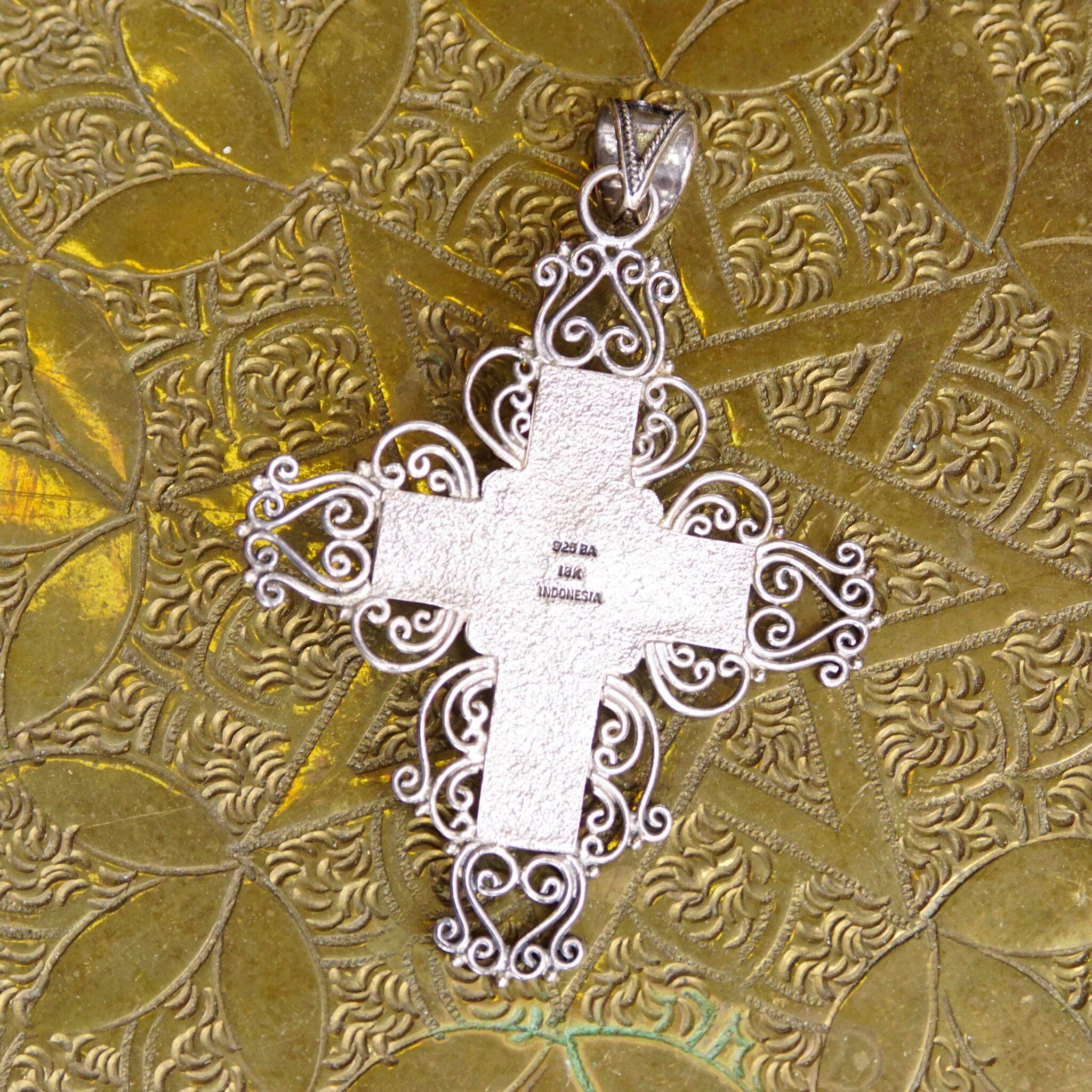Vintage 18K Gold & Sterling Silver Onyx Cross Pendant, BA Indonesia Suarti Bali 925, Large Silver Filigree Cross With Gold and Onyx Details