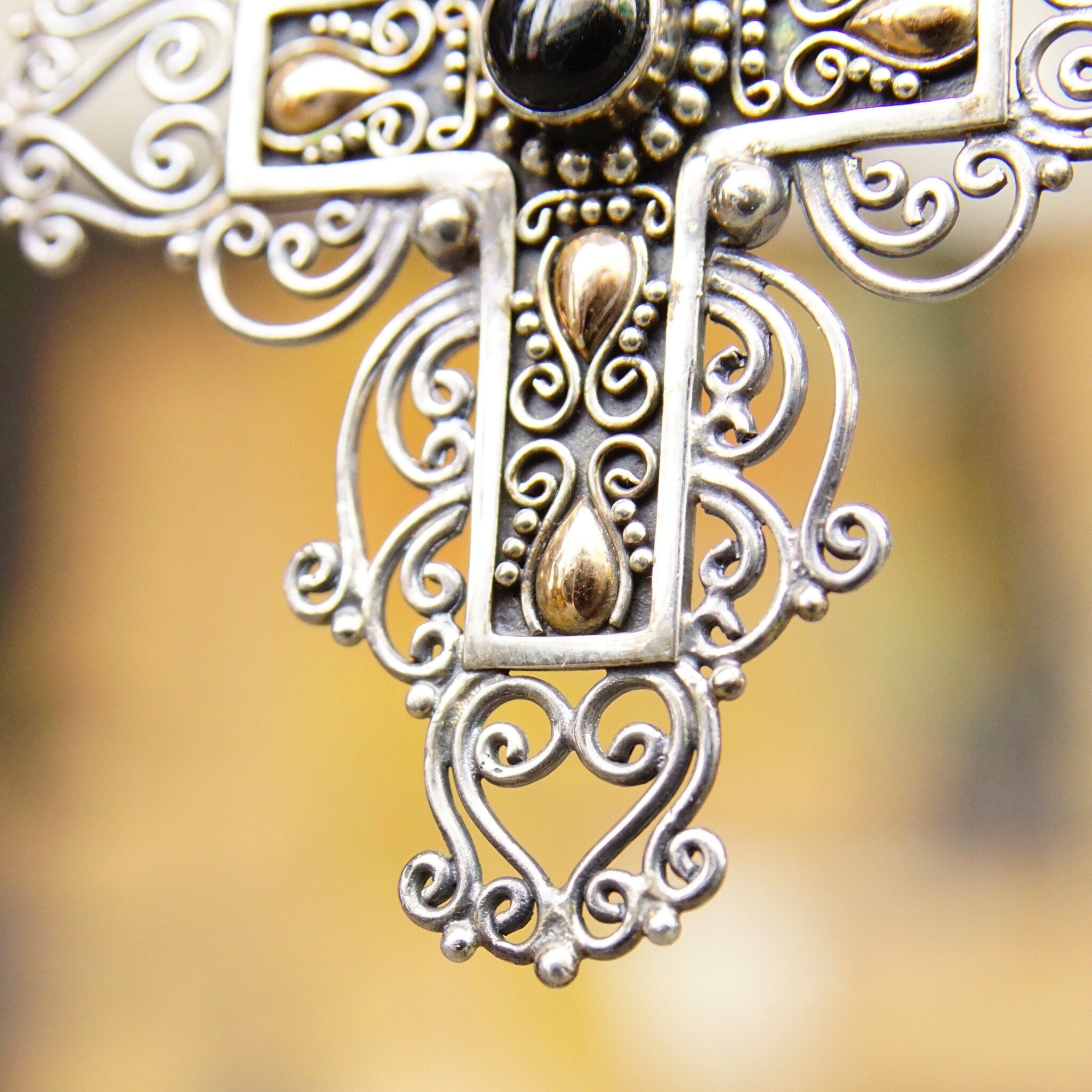 Vintage 18K Gold & Sterling Silver Onyx Cross Pendant, BA Indonesia Suarti Bali 925, Large Silver Filigree Cross With Gold and Onyx Details