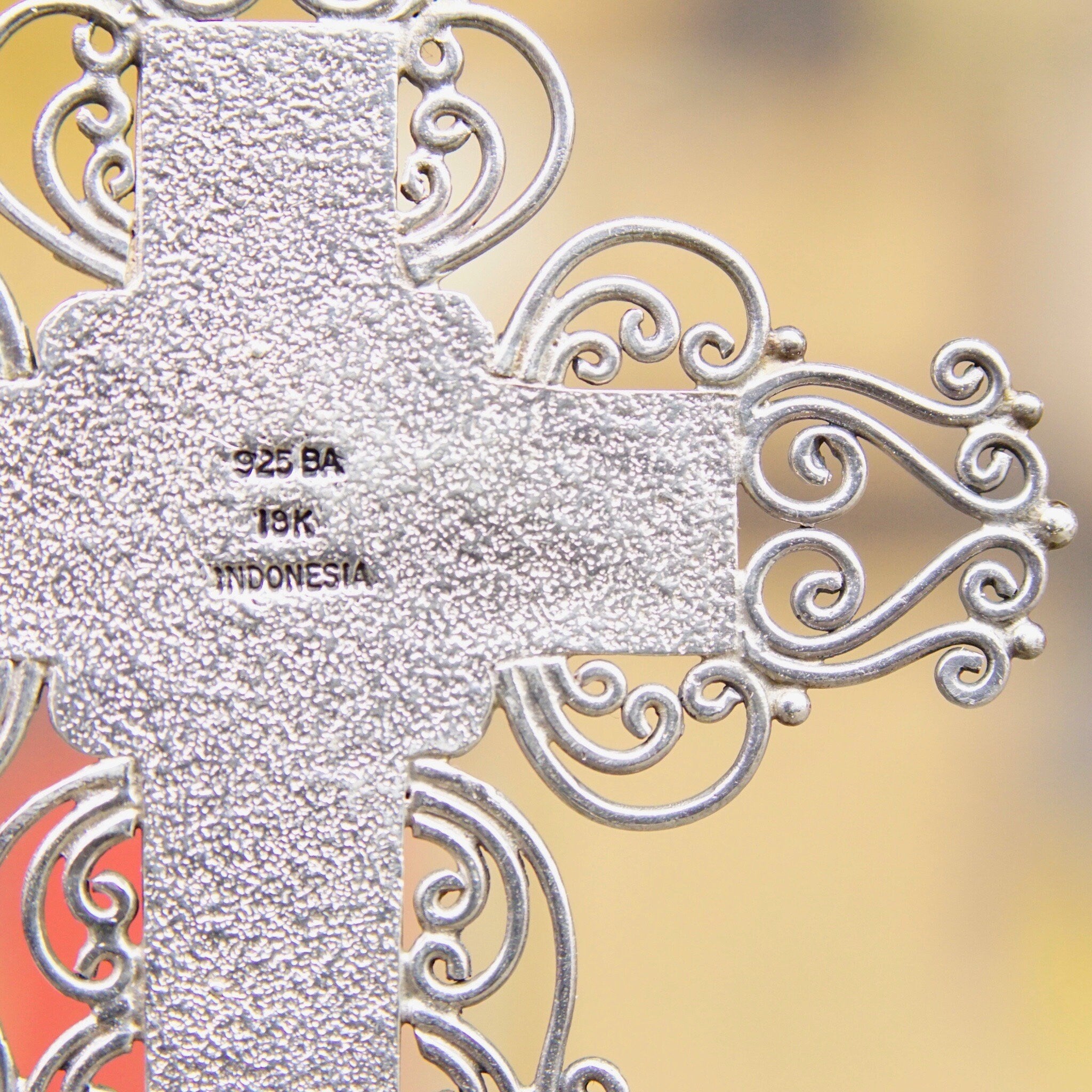 Vintage 18K Gold & Sterling Silver Onyx Cross Pendant, BA Indonesia Suarti Bali 925, Large Silver Filigree Cross With Gold and Onyx Details