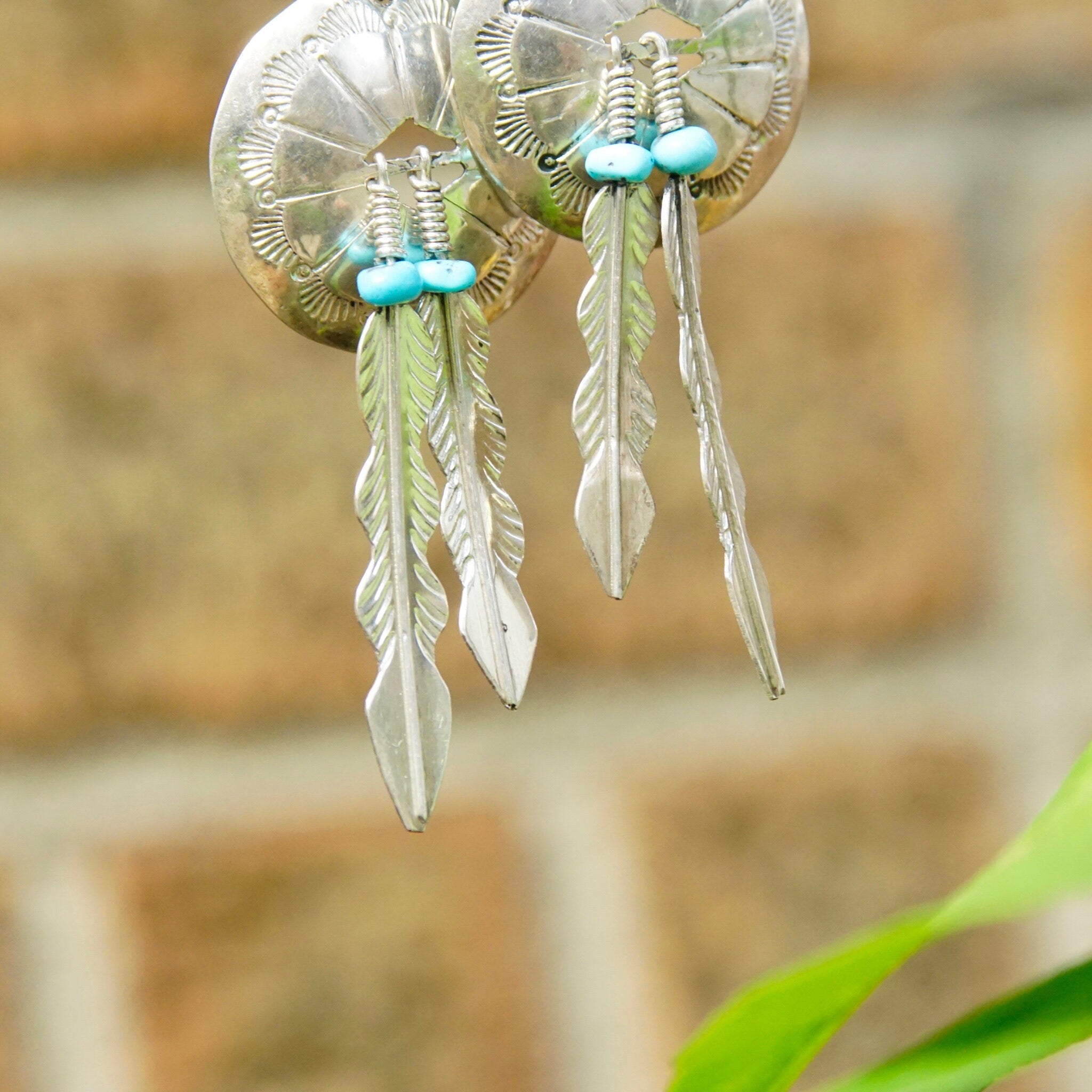 Vintage Native American Sterling Silver & Turquoise Concho Feather Earrings, Hammered Silver, Blue Turquoise Beads, Dangle Earrings, 3" Long