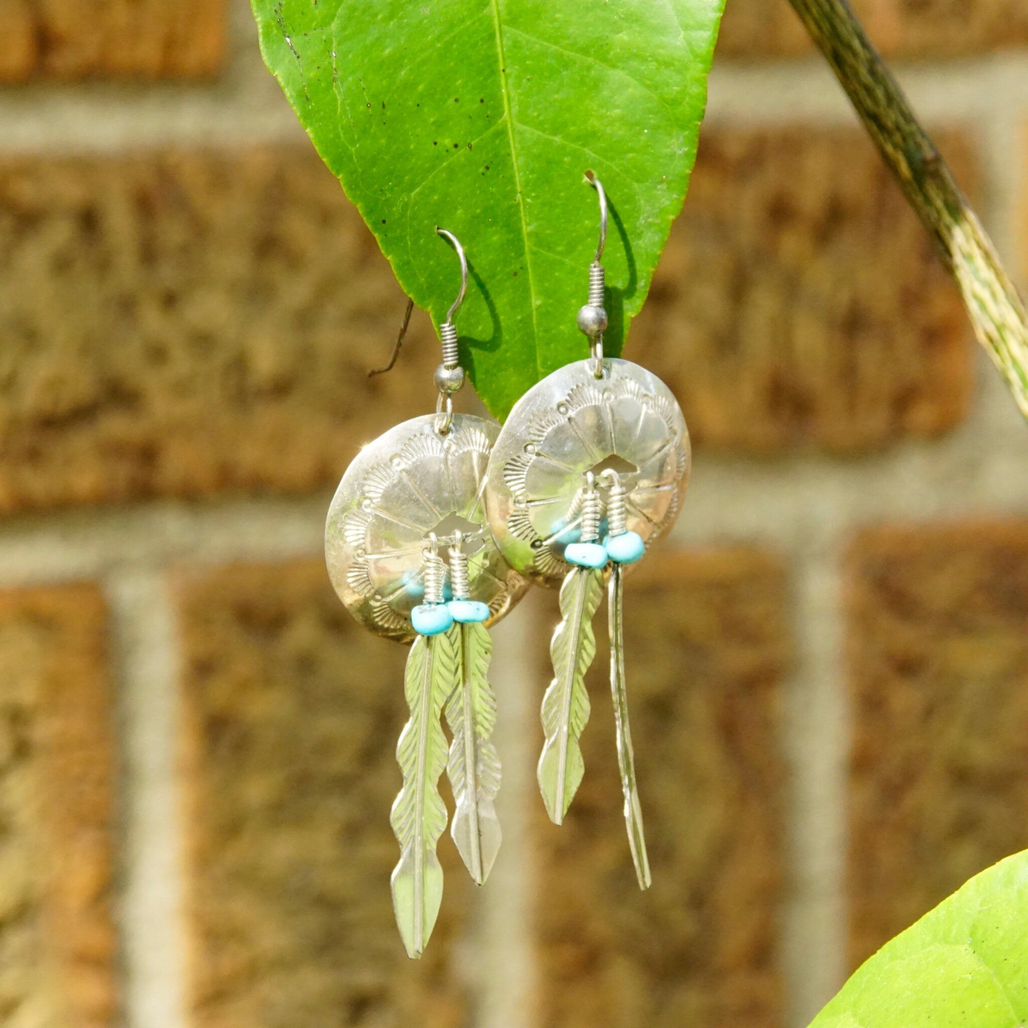 Vintage Native American Sterling Silver & Turquoise Concho Feather Earrings, Hammered Silver, Blue Turquoise Beads, Dangle Earrings, 3" Long