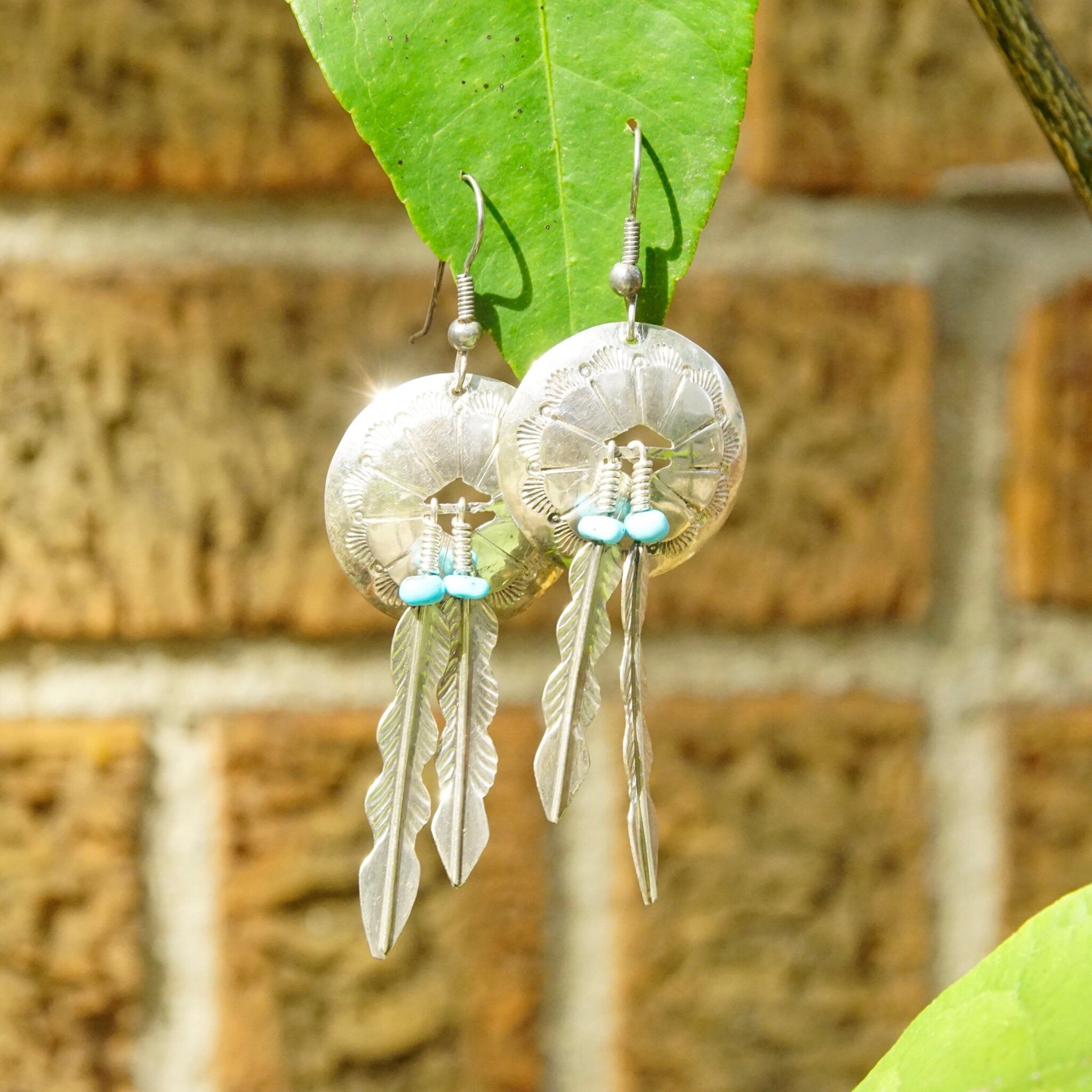 Vintage Native American Sterling Silver & Turquoise Concho Feather Earrings, Hammered Silver, Blue Turquoise Beads, Dangle Earrings, 3" Long