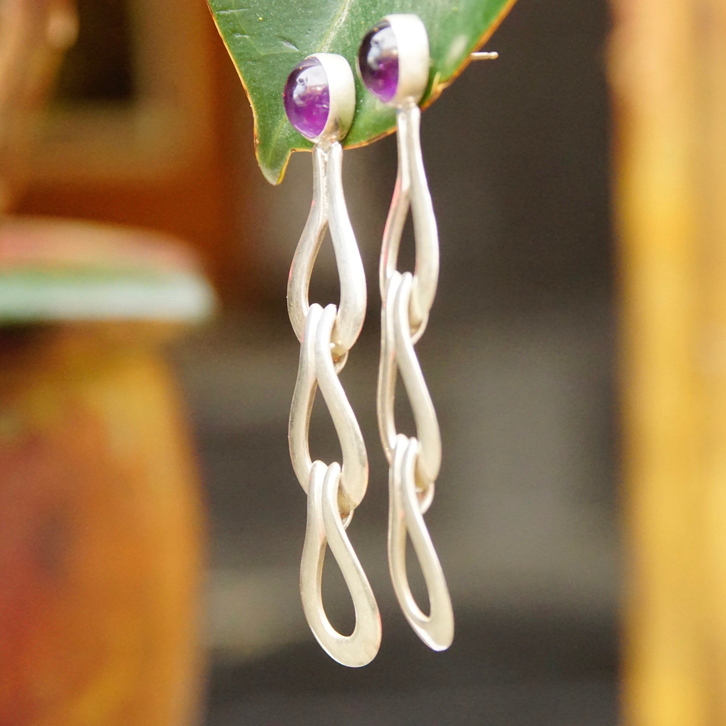 Vintage Sterling Silver Amethyst Dangle Stud Earrings, Teardrop Link Earrings, Purple Gemstone, Modernist, Statement Earrings, 2 7/8" L