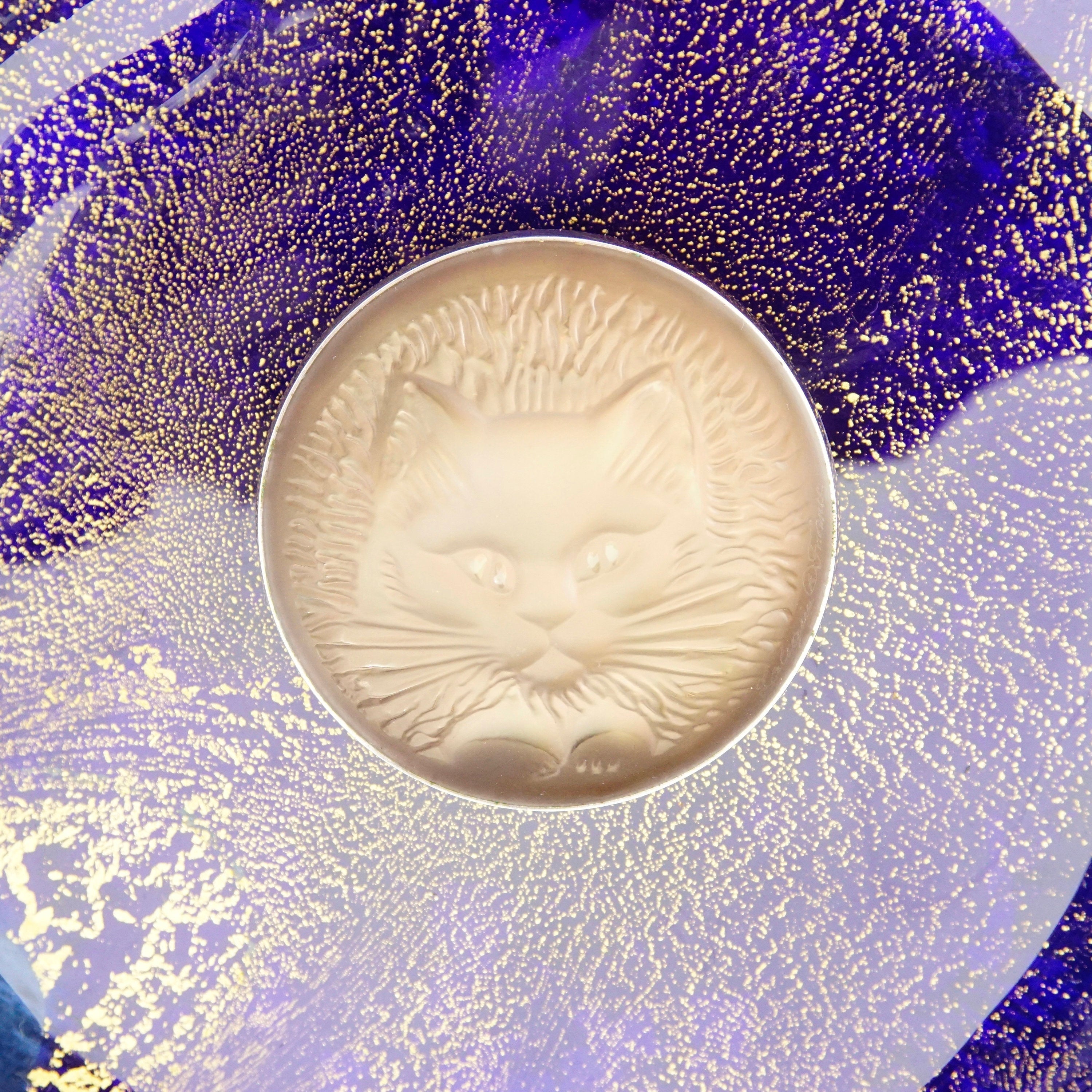 Vintage Signed Lalique France Frosted Crystal Cat Brooch, Engraved Glass Dome Cat Pin, Orange Hue, Silver Backing, Cat Lover Jewelry