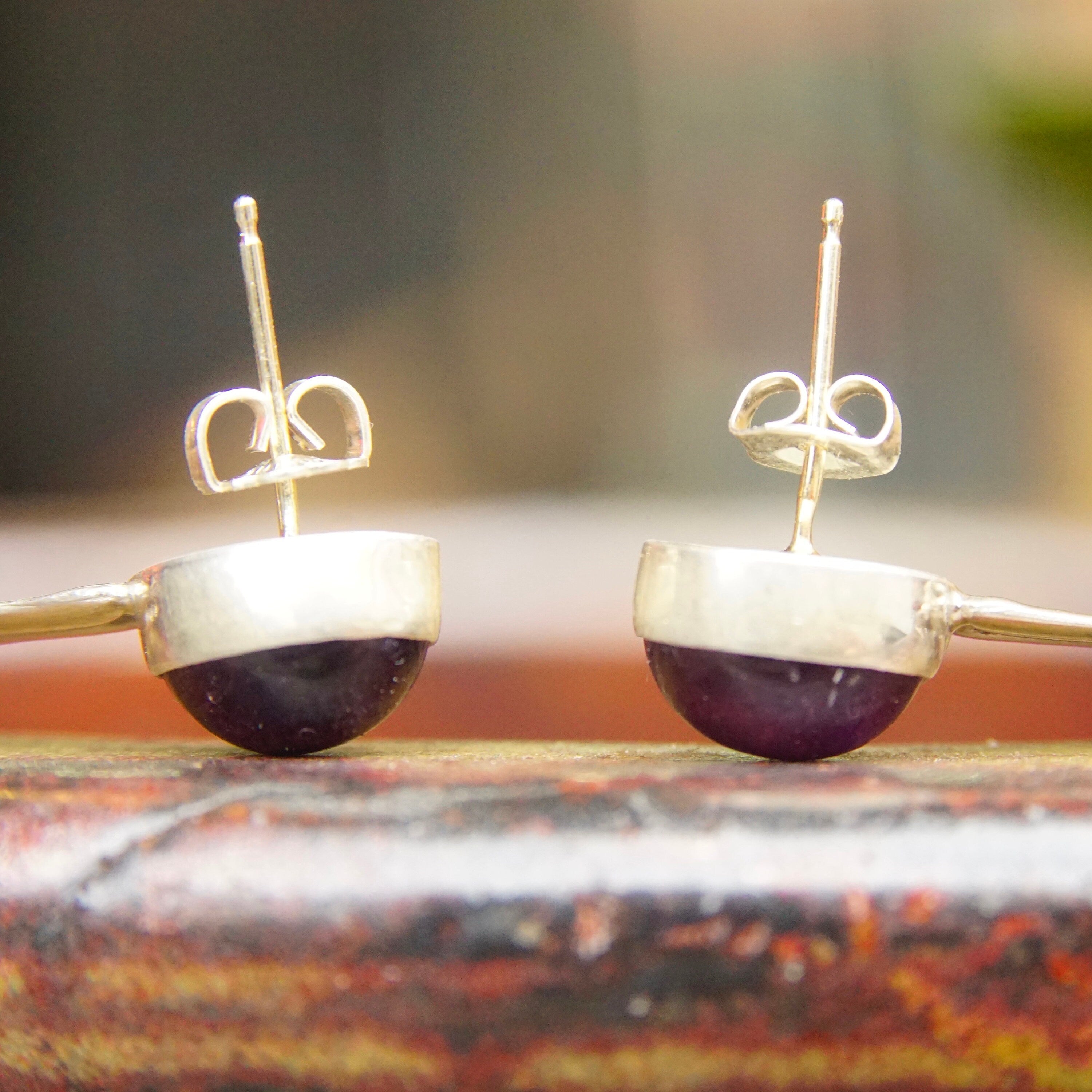 Vintage Sterling Silver Amethyst Dangle Stud Earrings, Teardrop Link Earrings, Purple Gemstone, Modernist, Statement Earrings, 2 7/8" L