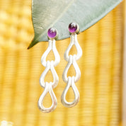 Vintage Sterling Silver Amethyst Dangle Stud Earrings, Teardrop Link Earrings, Purple Gemstone, Modernist, Statement Earrings, 2 7/8" L