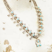 Vintage Petite/Baby Native American Squash Blossom Necklace, Hammered Silver & Turquoise Stones, Naja Pendant, Old Pawn Jewelry