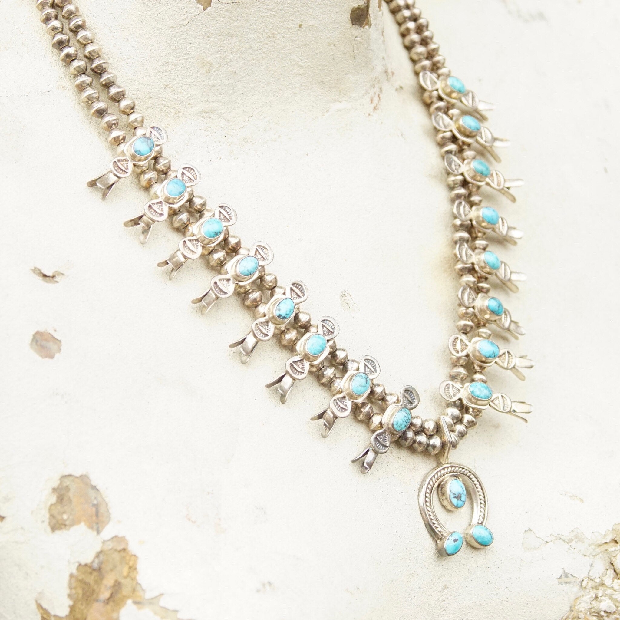 Baby Native American Squash Blossom Necklace, Hammered Silver & Turquoise Stones, Naja Pendant, Old Pawn Jewelry