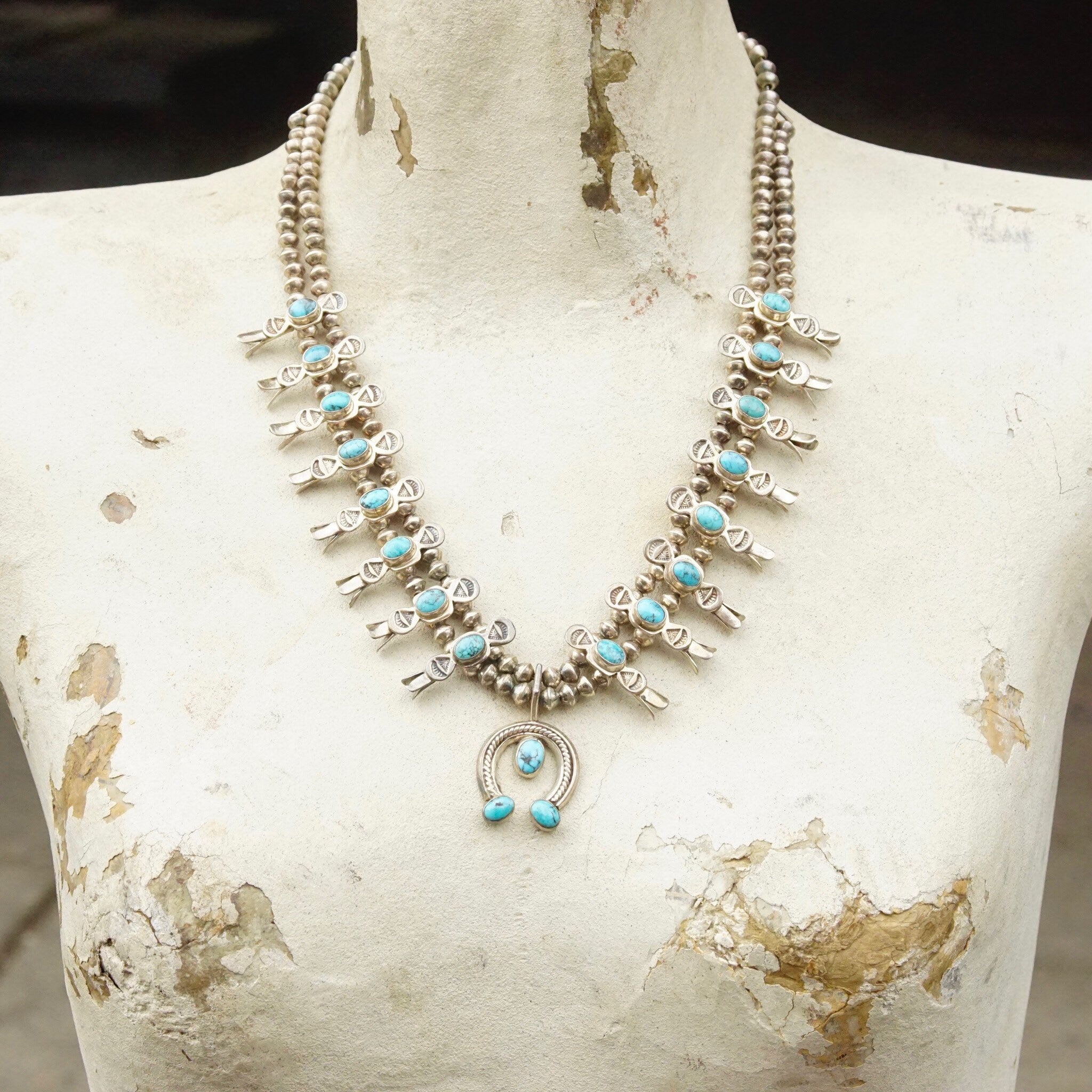 Baby Native American Squash Blossom Necklace, Hammered Silver & Turquoise Stones, Naja Pendant, Old Pawn Jewelry