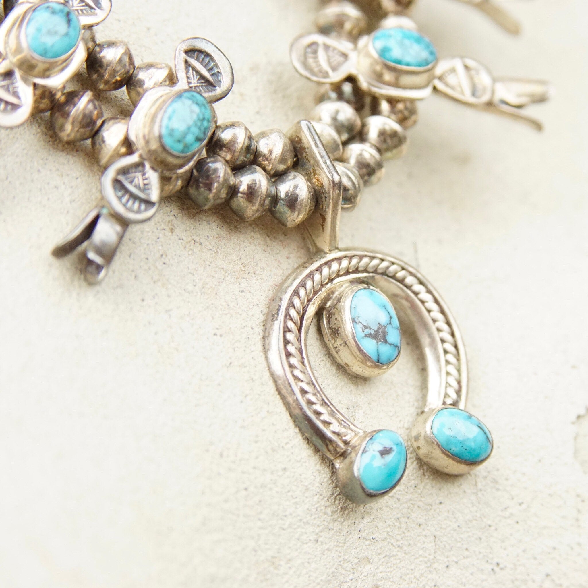 Vintage Petite/Baby Native American Squash Blossom Necklace, Hammered Silver & Turquoise Stones, Naja Pendant, Old Pawn Jewelry