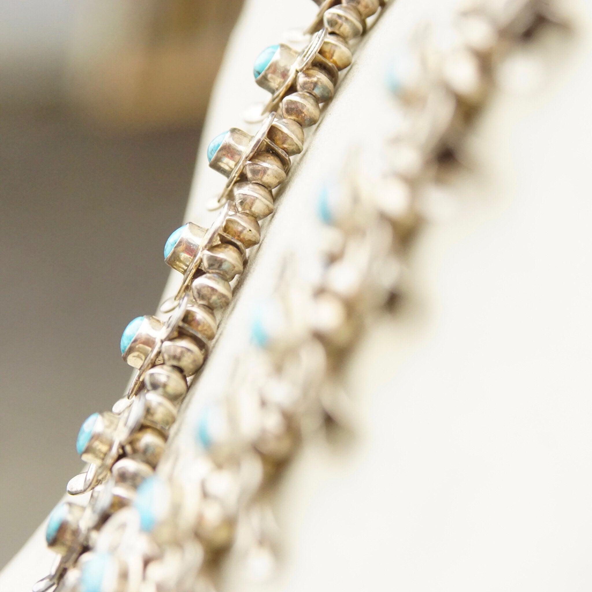 Vintage Petite/Baby Native American Squash Blossom Necklace, Hammered Silver & Turquoise Stones, Naja Pendant, Old Pawn Jewelry