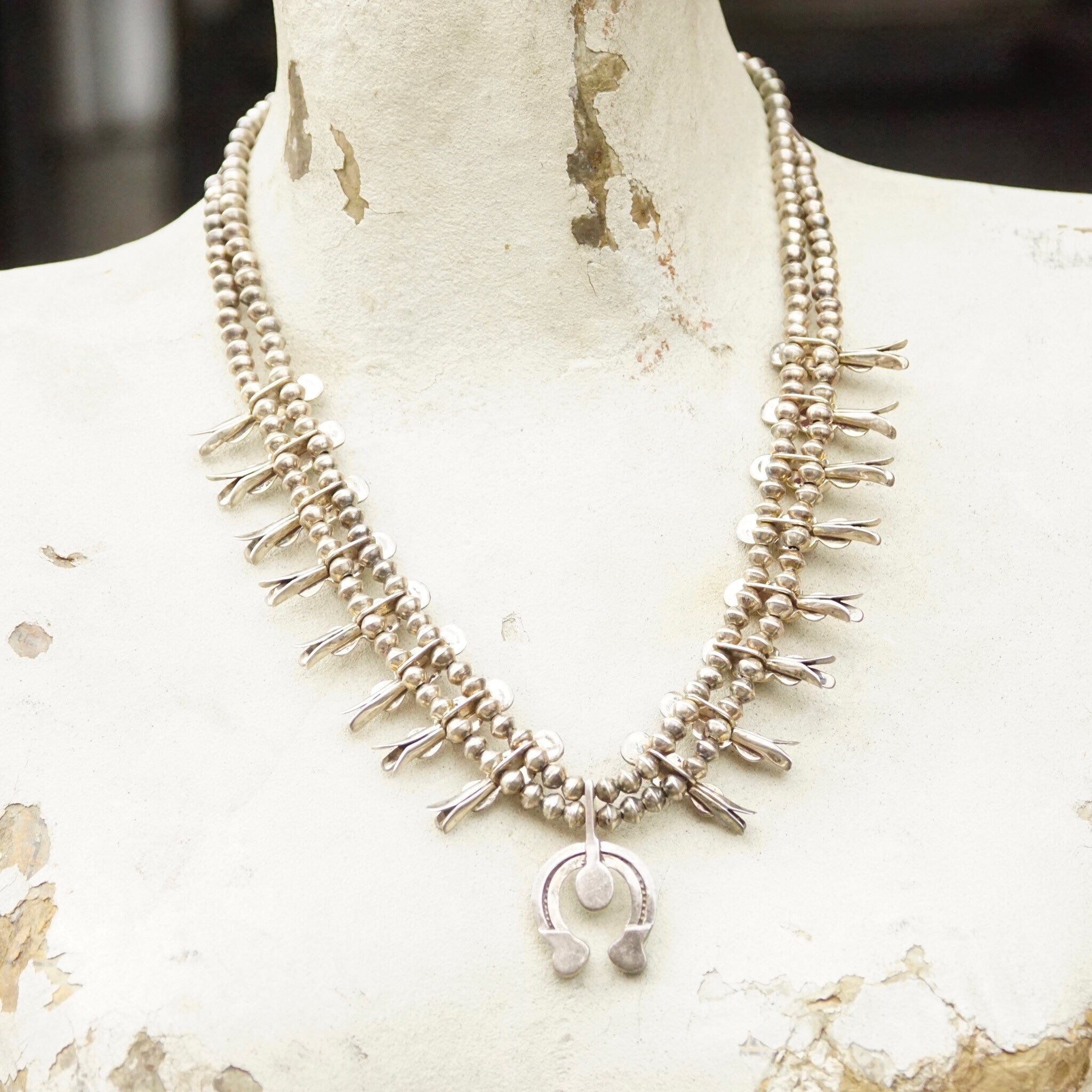 Vintage Petite/Baby Native American Squash Blossom Necklace, Hammered Silver & Turquoise Stones, Naja Pendant, Old Pawn Jewelry