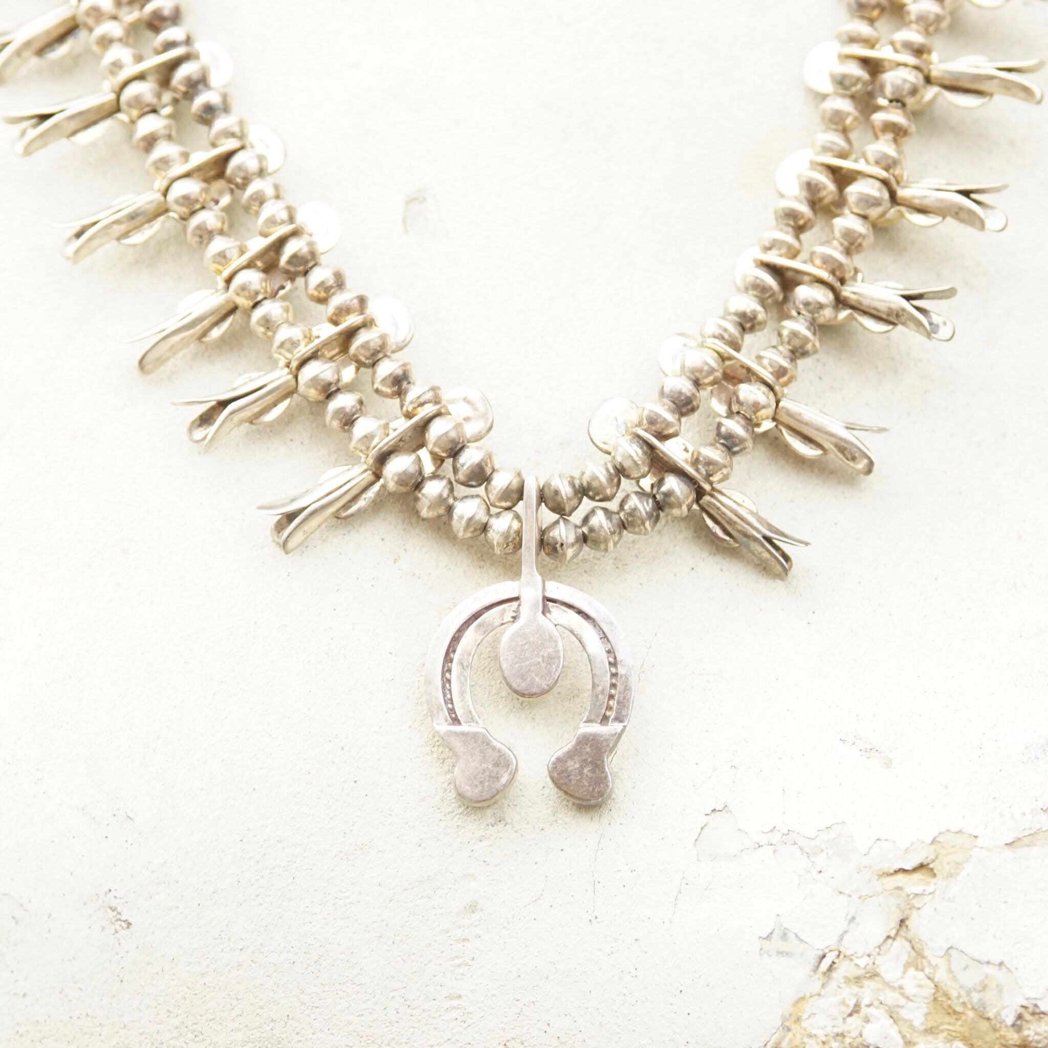 Vintage Petite/Baby Native American Squash Blossom Necklace, Hammered Silver & Turquoise Stones, Naja Pendant, Old Pawn Jewelry