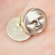 Vintage Signed Tabra 925 Moon Face Earrings, Small Sterling Silver Disc Stud Earrings, Moon God/Goddess, Unique Jewelry, 3/4 Diameter