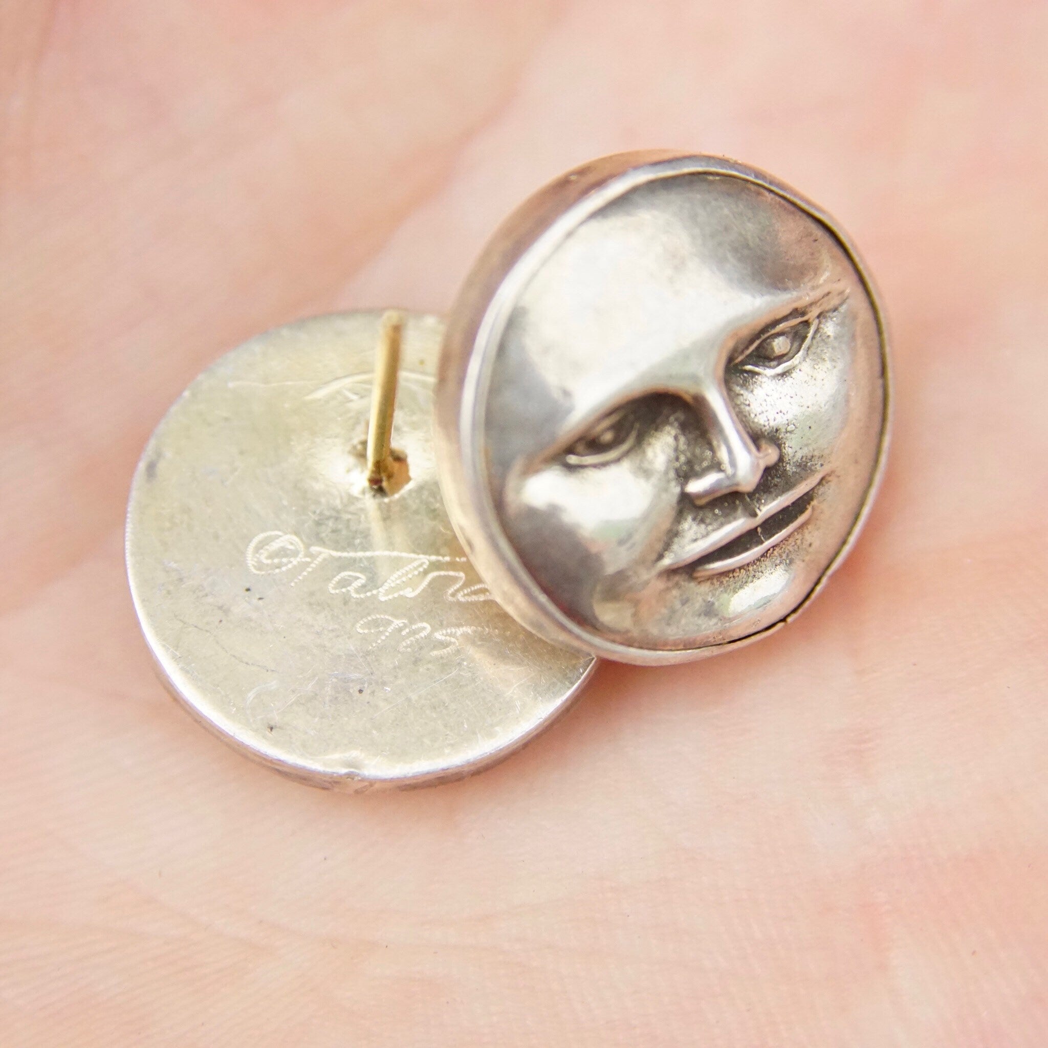 Vintage Signed Tabra 925 Moon Face Earrings, Small Sterling Silver Disc Stud Earrings, Moon God/Goddess, Unique Jewelry, 3/4 Diameter