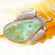 Vintage Signed RVT Native American  Turquoise Pendant, Large Turquoise Stone With Silver Leaf Setting, Navajo Handmade Pendant, 925