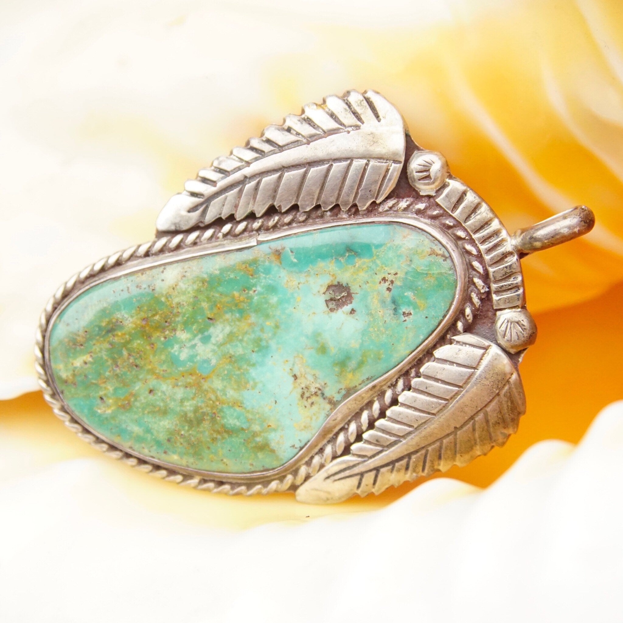 Vintage Signed RVT Native American  Turquoise Pendant, Large Turquoise Stone With Silver Leaf Setting, Navajo Handmade Pendant, 925