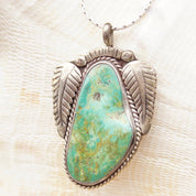Vintage Signed RVT Native American  Turquoise Pendant, Large Turquoise Stone With Silver Leaf Setting, Navajo Handmade Pendant, 925