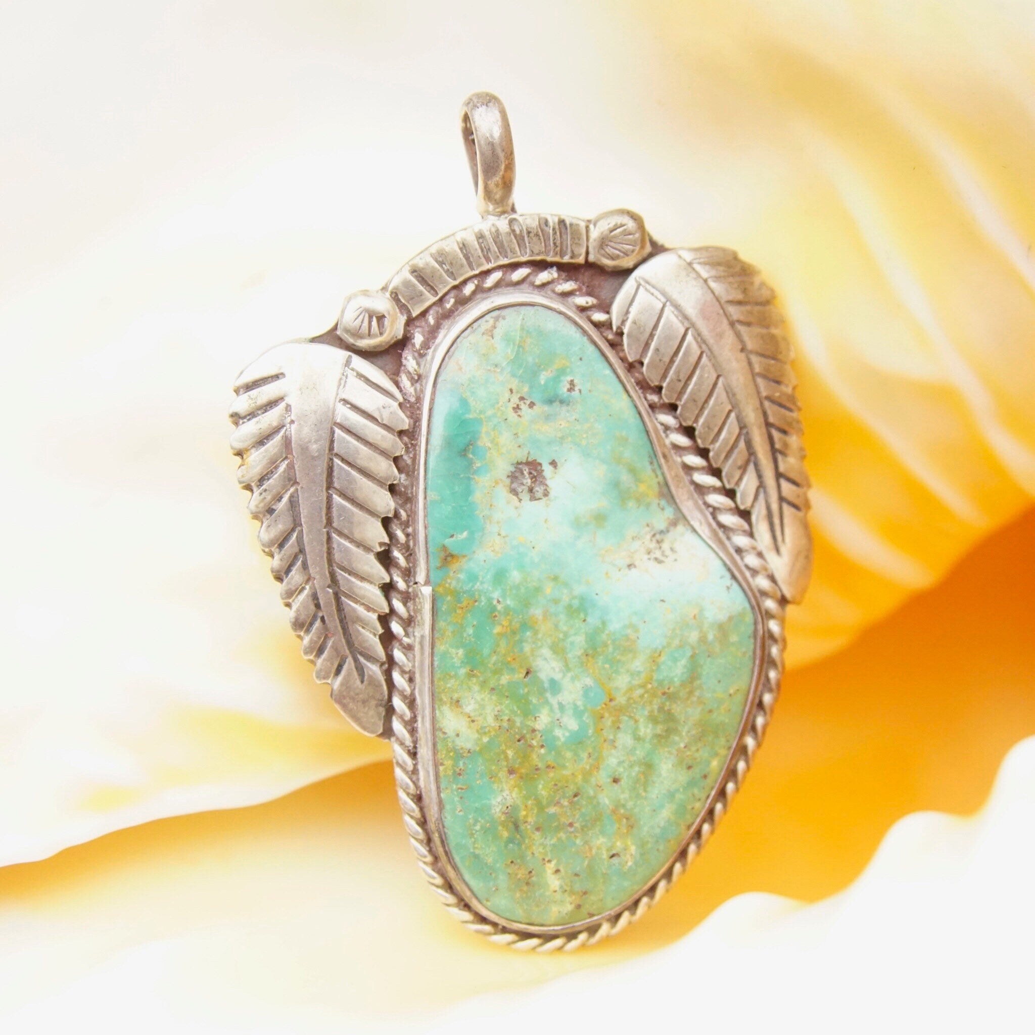 Vintage Signed RVT Native American  Turquoise Pendant, Large Turquoise Stone With Silver Leaf Setting, Navajo Handmade Pendant, 925