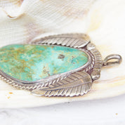 Vintage Signed RVT Native American  Turquoise Pendant, Large Turquoise Stone With Silver Leaf Setting, Navajo Handmade Pendant, 925
