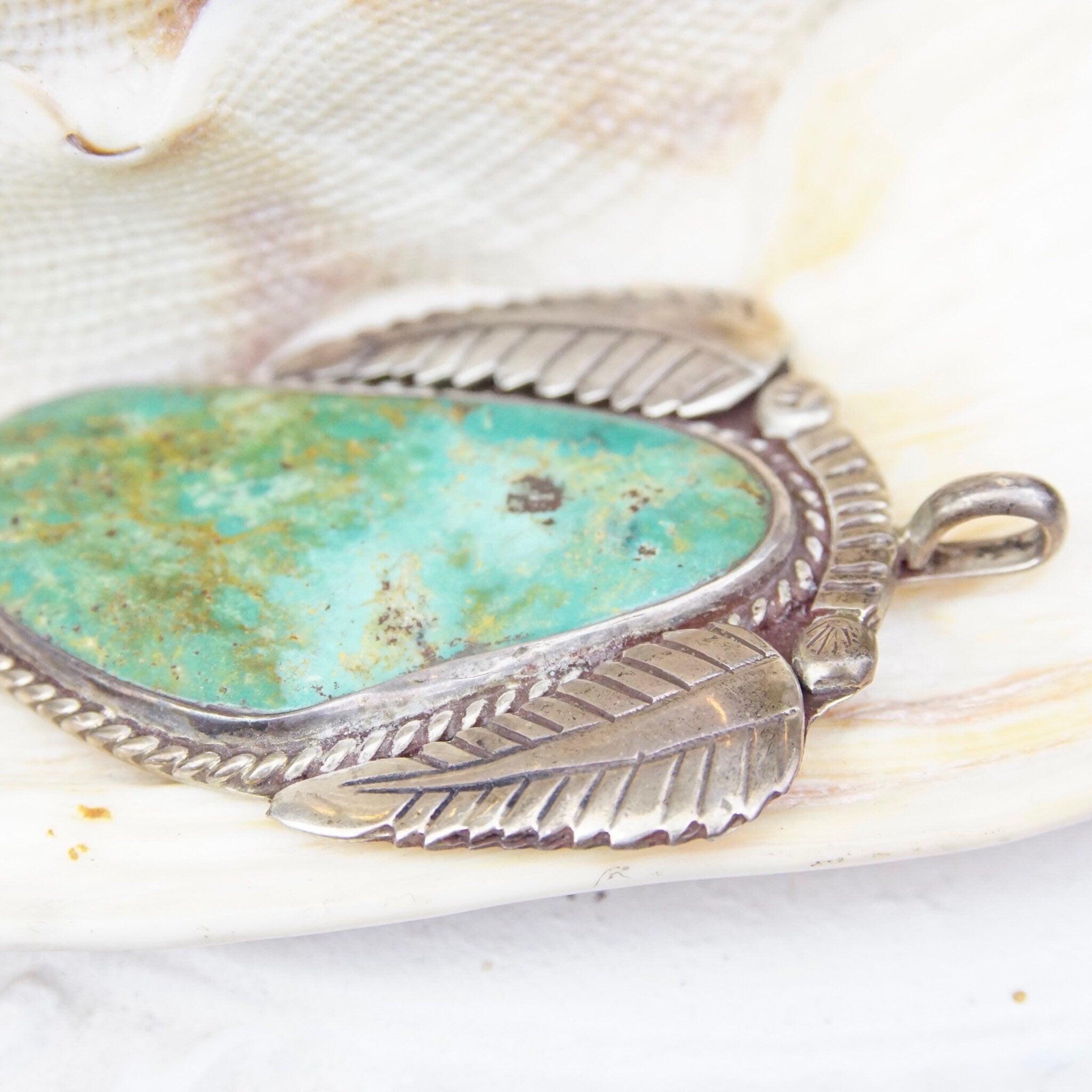 Vintage Signed RVT Native American  Turquoise Pendant, Large Turquoise Stone With Silver Leaf Setting, Navajo Handmade Pendant, 925