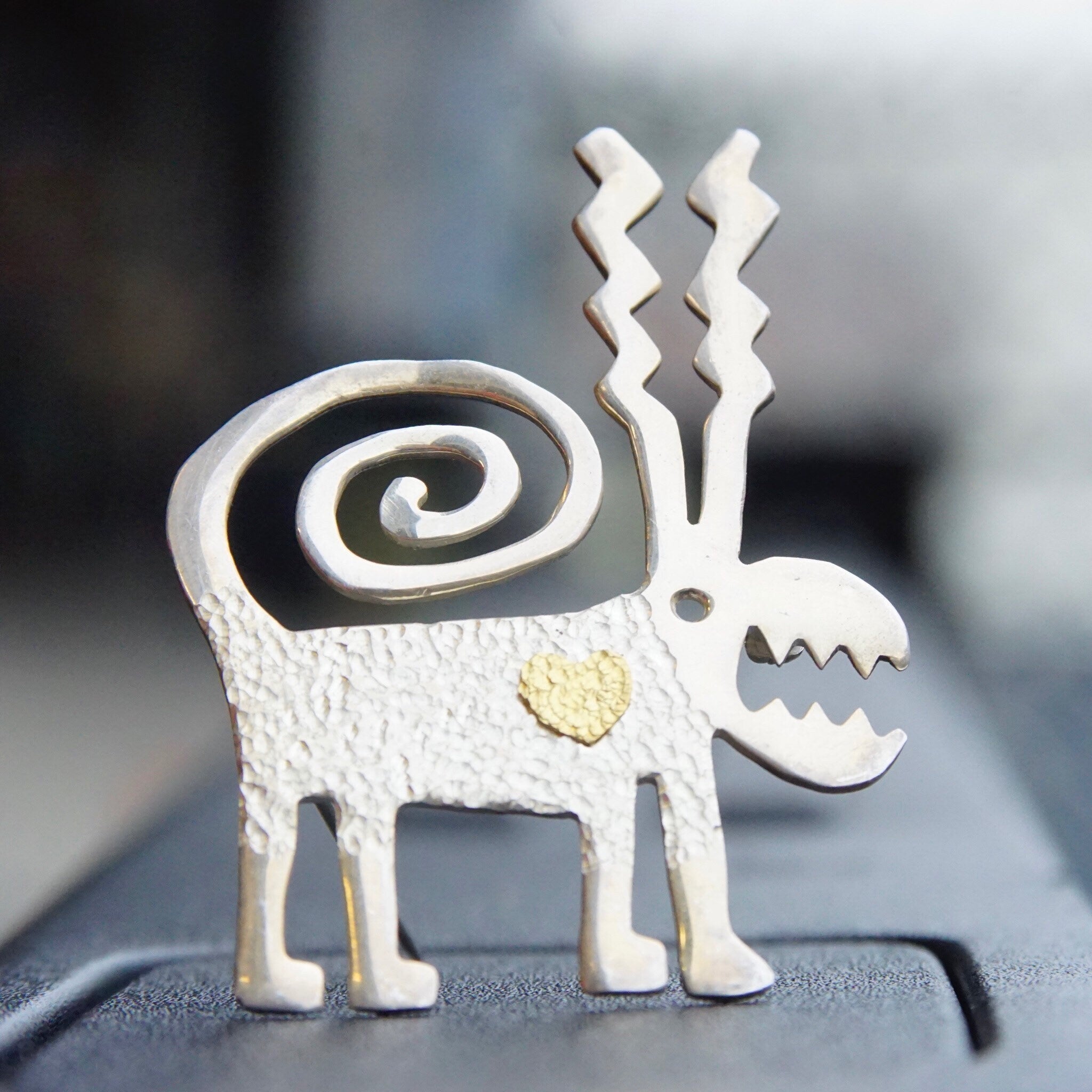 Vintage Signed Leitz 89 Sterling Silver & 24K Gold Monster Brooch, Hammered Silver Pin With Textured Gold Heart, Unique/Abstract Animal Pin