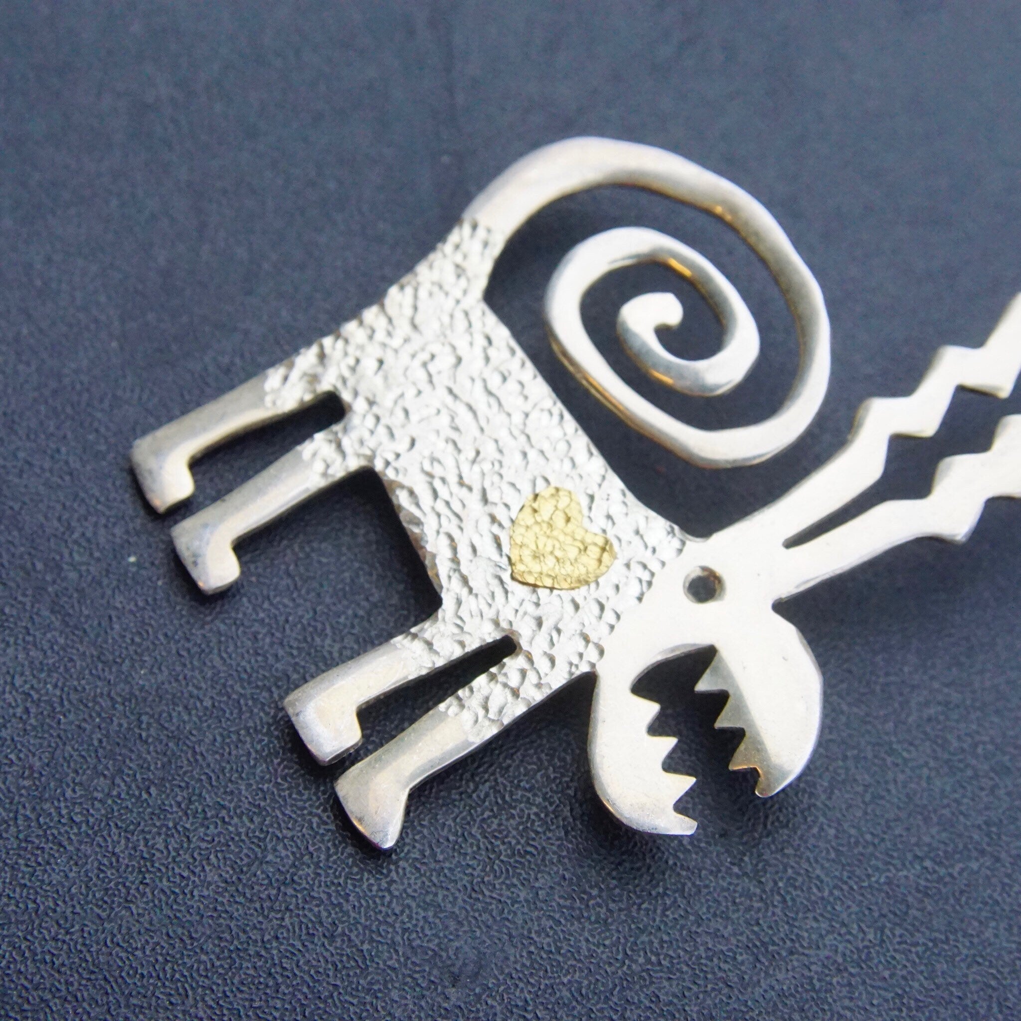 Vintage Signed Leitz 89 Sterling Silver & 24K Gold Monster Brooch, Hammered Silver Pin With Textured Gold Heart, Unique/Abstract Animal Pin