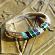Vintage TAXCO Multi-Stone Sterling Silver Hinge Bangle, Turquoise, Lapis, Malachite, Black Onyx, Silver Bangle With Colorful Inlaid Stones
