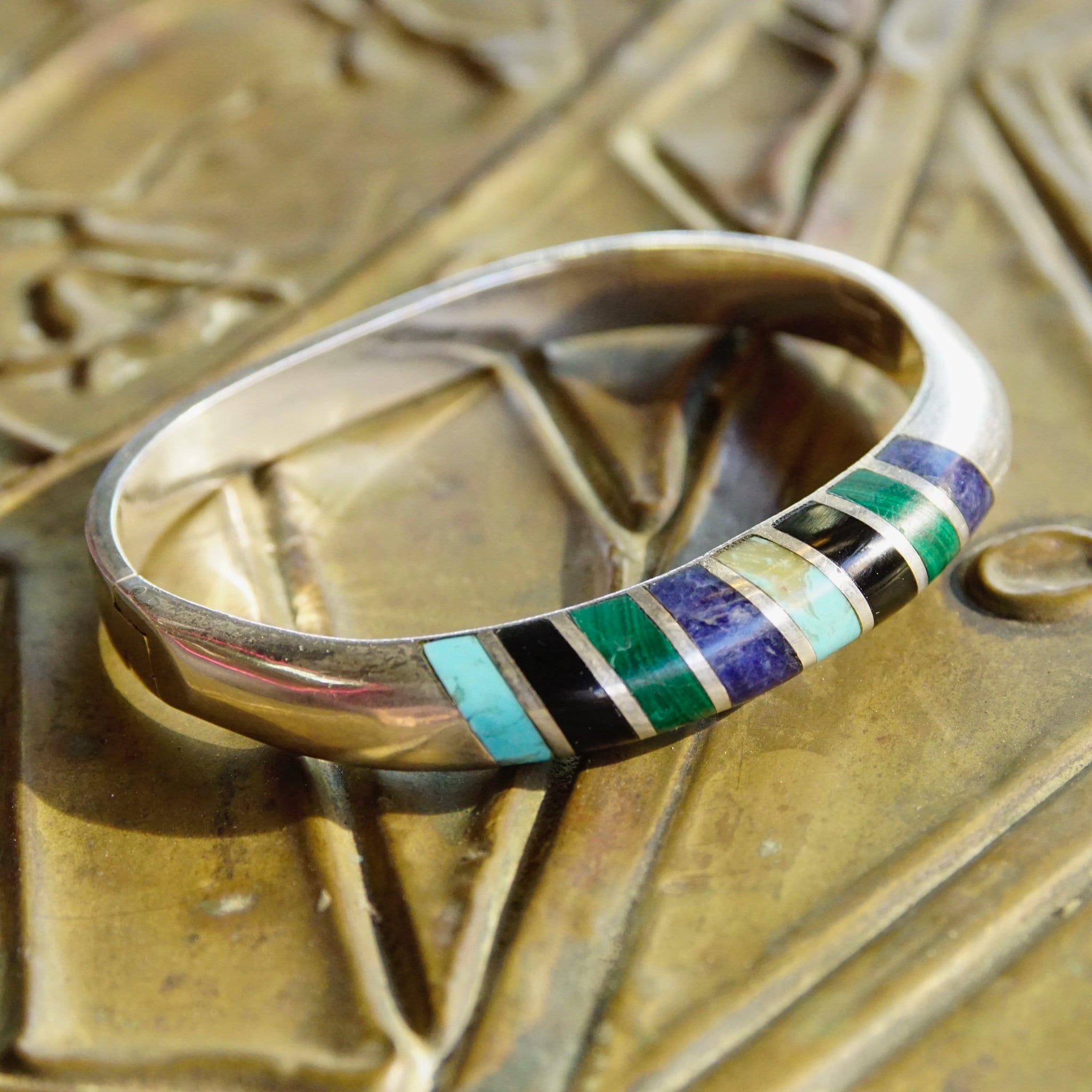 Vintage TAXCO Multi-Stone Sterling Silver Hinge Bangle, Turquoise, Lapis, Malachite, Black Onyx, Silver Bangle With Colorful Inlaid Stones