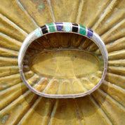 Vintage TAXCO Multi-Stone Sterling Silver Hinge Bangle, Turquoise, Lapis, Malachite, Black Onyx, Silver Bangle With Colorful Inlaid Stones