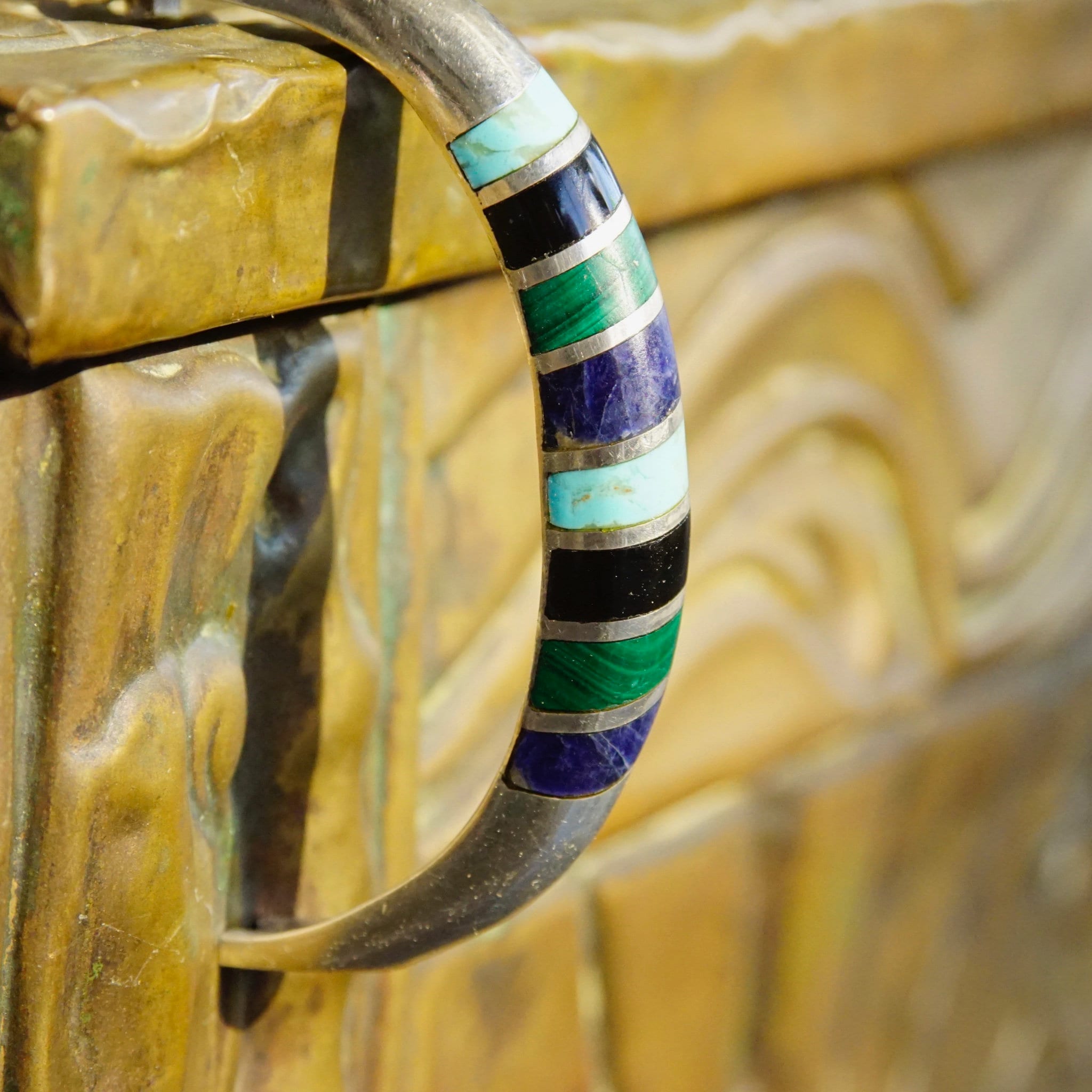 Vintage TAXCO Multi-Stone Sterling Silver Hinge Bangle, Turquoise, Lapis, Malachite, Black Onyx, Silver Bangle With Colorful Inlaid Stones