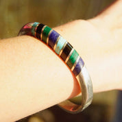 Vintage TAXCO Multi-Stone Sterling Silver Hinge Bangle, Turquoise, Lapis, Malachite, Black Onyx, Silver Bangle With Colorful Inlaid Stones