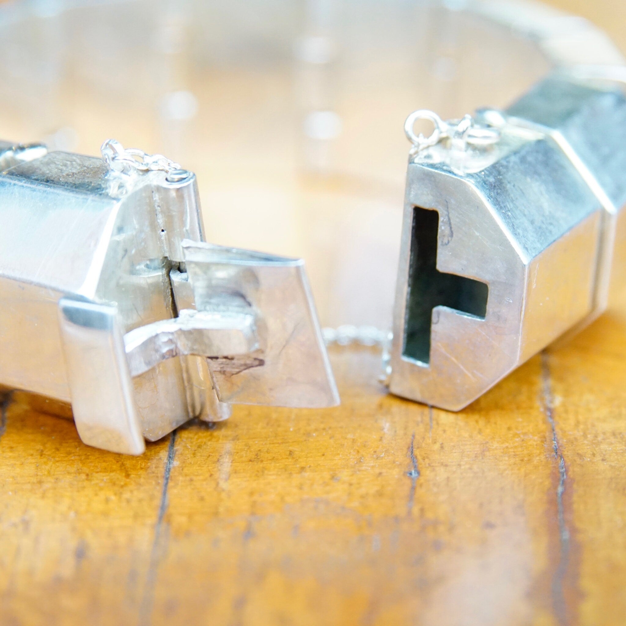 Vintage TAXCO Chunky Sterling Silver Link Bracelet, Modernist Silver Half Octagon Hinge Bracelet, Thick Sterling Bracelet, 925 TC-117 Mexico