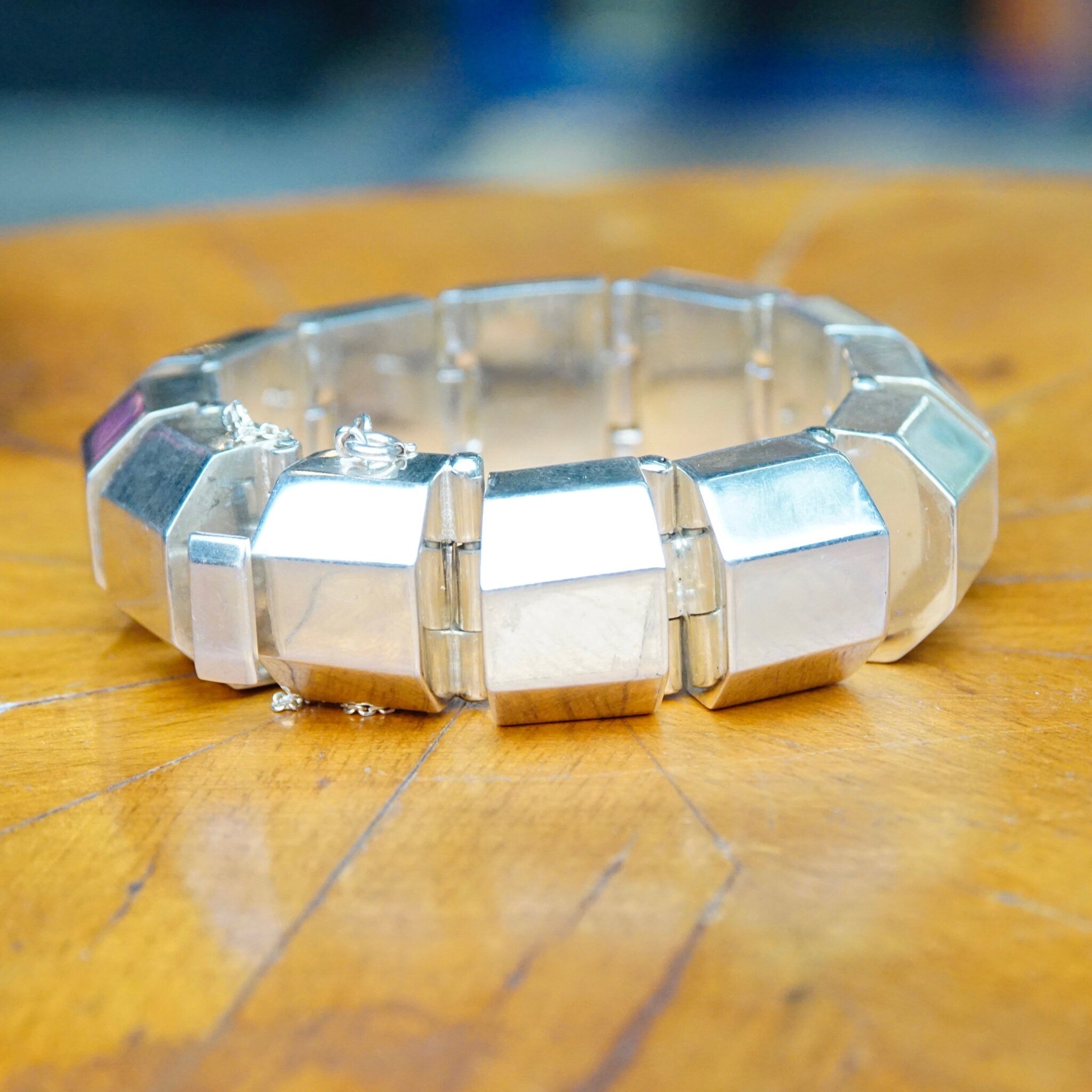 Vintage TAXCO Chunky Sterling Silver Link Bracelet, Modernist Silver Half Octagon Hinge Bracelet, Thick Sterling Bracelet, 925 TC-117 Mexico